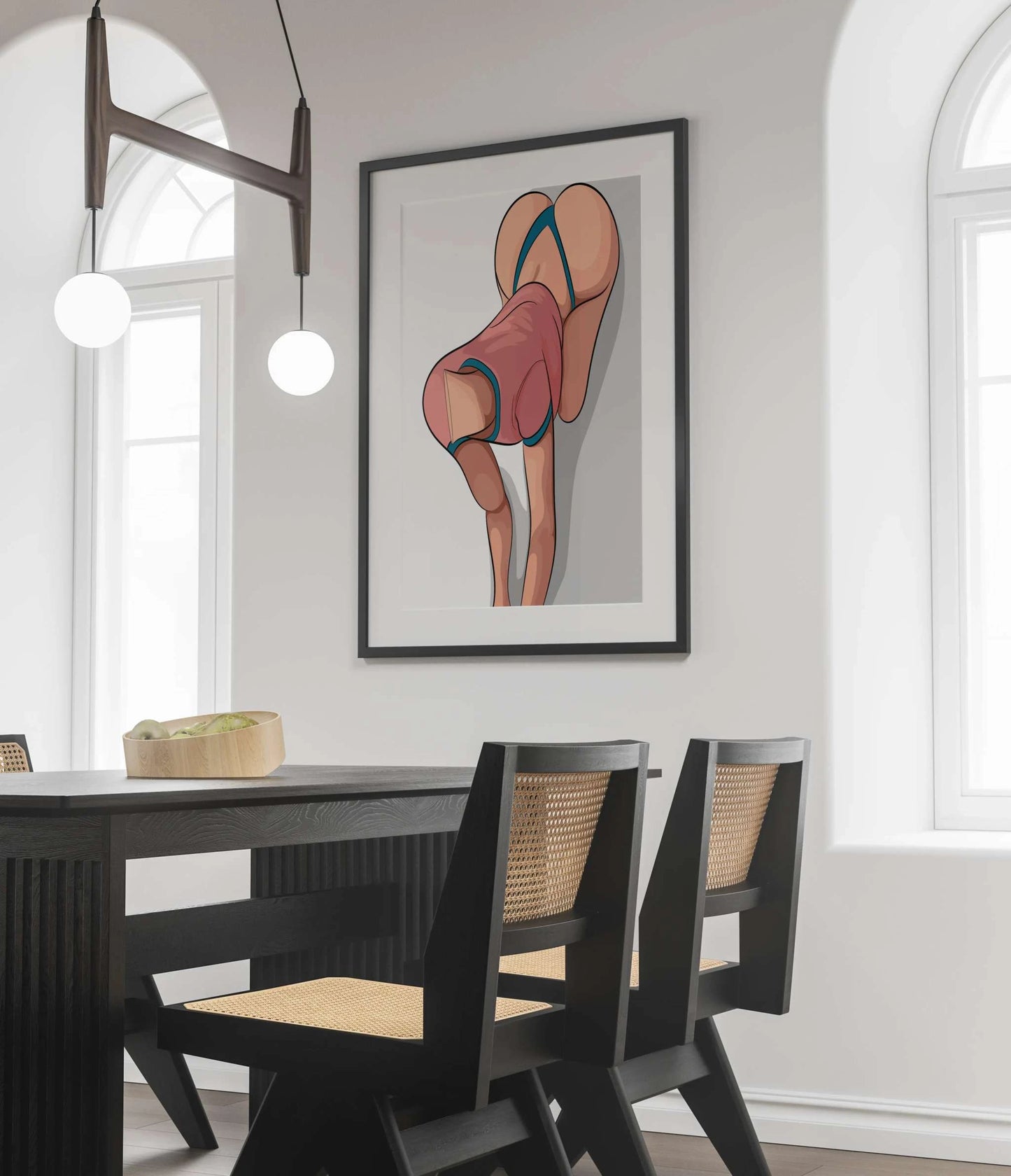 Digital artwork titled "Lingerie Model 63" displayed in a modern dining room setting, featuring bold and stylish design elements, available as a digital download.