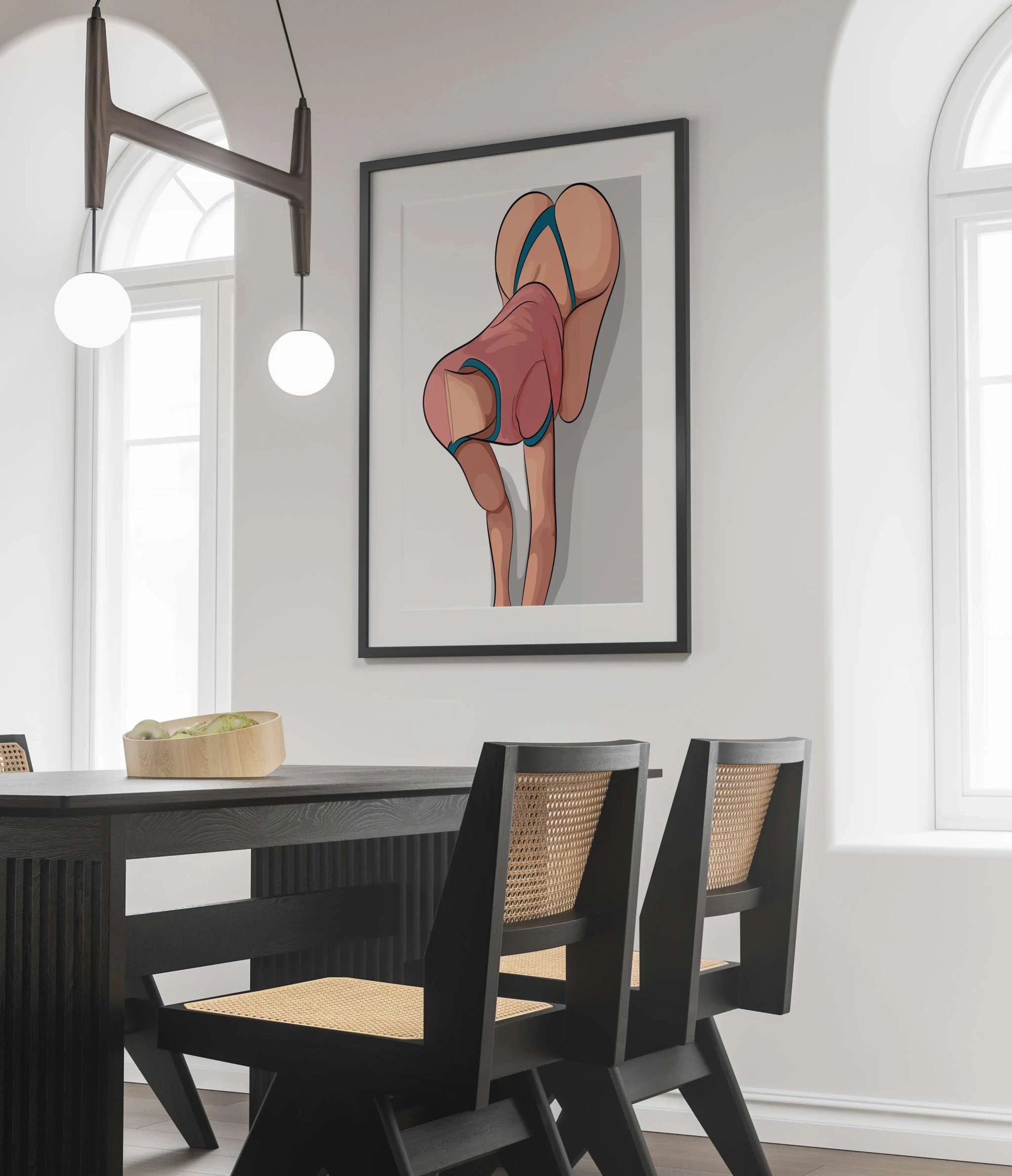 Digital artwork titled "Lingerie Model 63" displayed in a modern dining room setting, featuring bold and stylish design elements, available as a digital download.