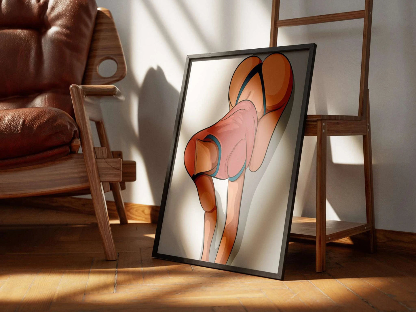 Digital art print featuring abstract lingerie model in vibrant colors, framed and leaning against a chair; Baked Art - Model 63.