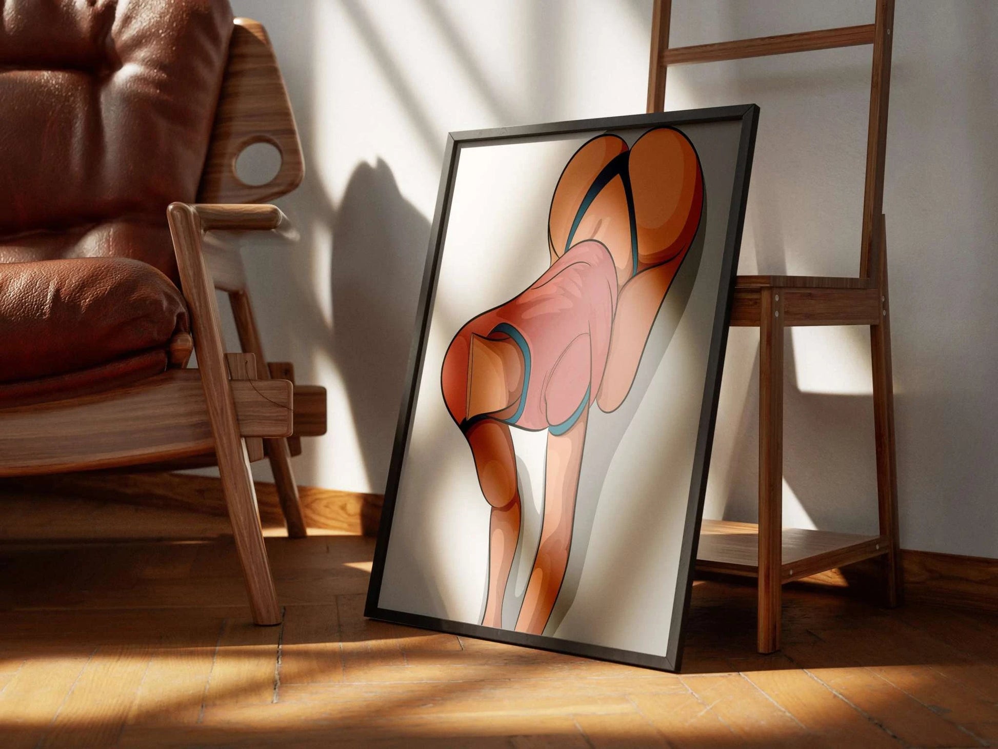 Digital art print featuring abstract lingerie model in vibrant colors, framed and leaning against a chair; Baked Art - Model 63.