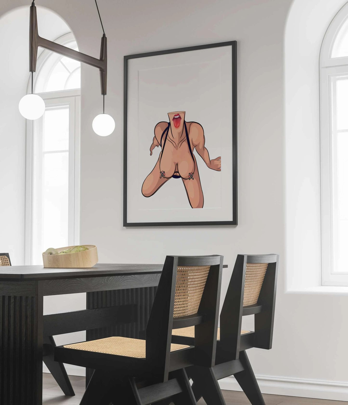 Unique digital art featuring expressive and editable female figure in lingerie, titled "Lingerie Model 64" by Baked Art, displayed in a modern dining area.