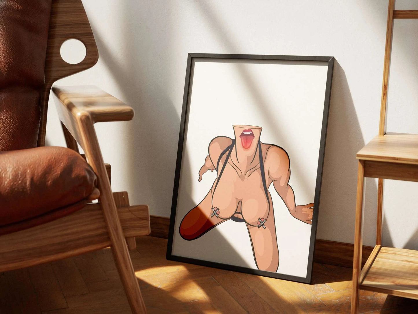 Bold digital art of an expressive female figure, Baked Art - Model 64, displayed in a frame.
