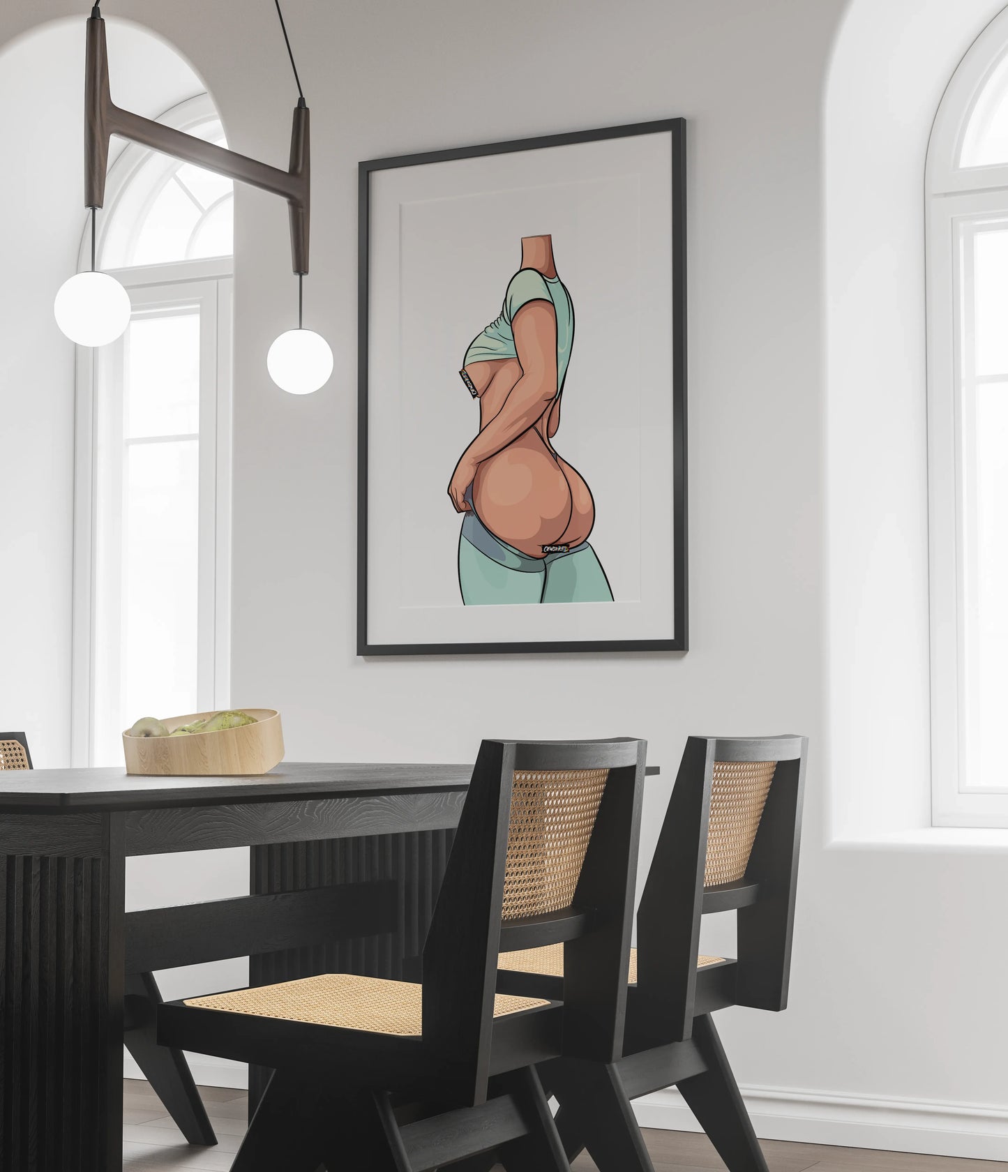 Digital illustration of a modern art lingerie model on a wall, showcasing customizable design in a dining room setting.