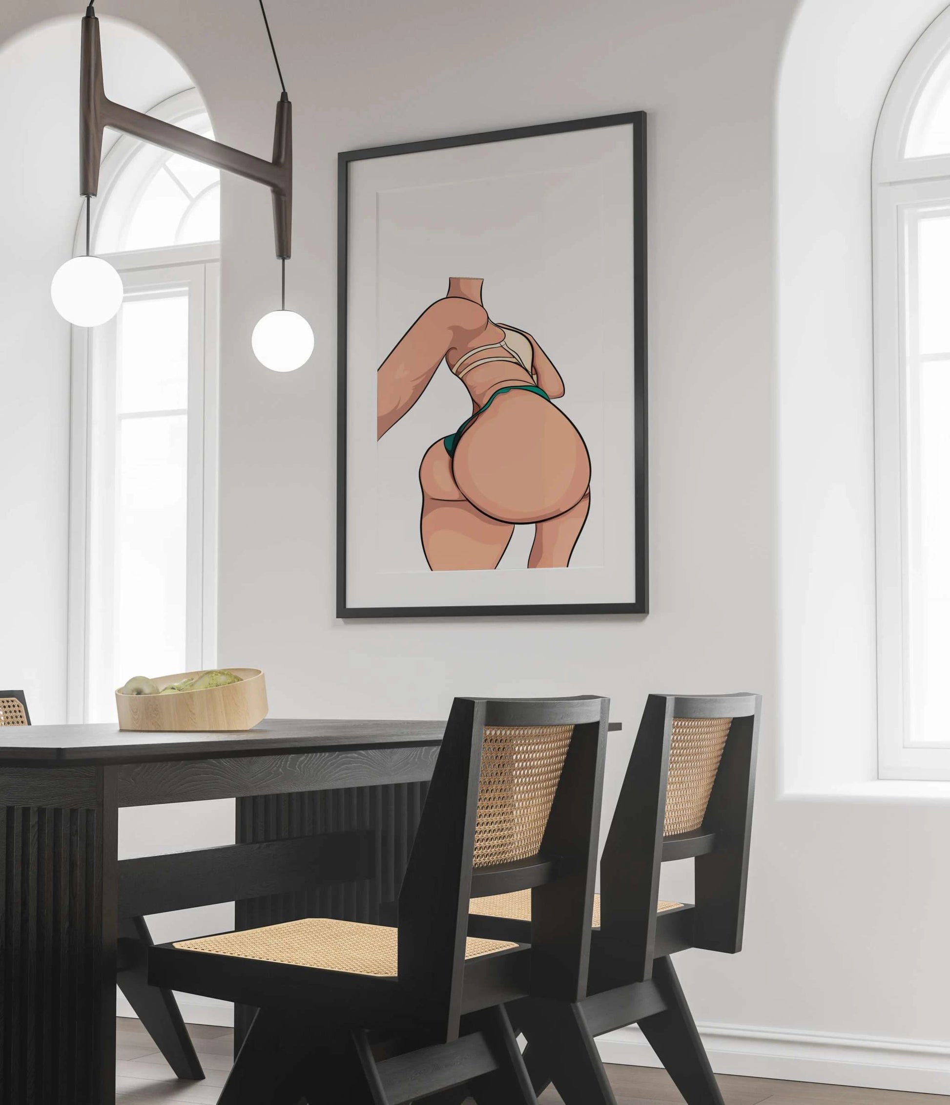 Digital illustration titled "Lingerie Model 66" in a modern dining area, showcasing bold lines and vibrant colors.