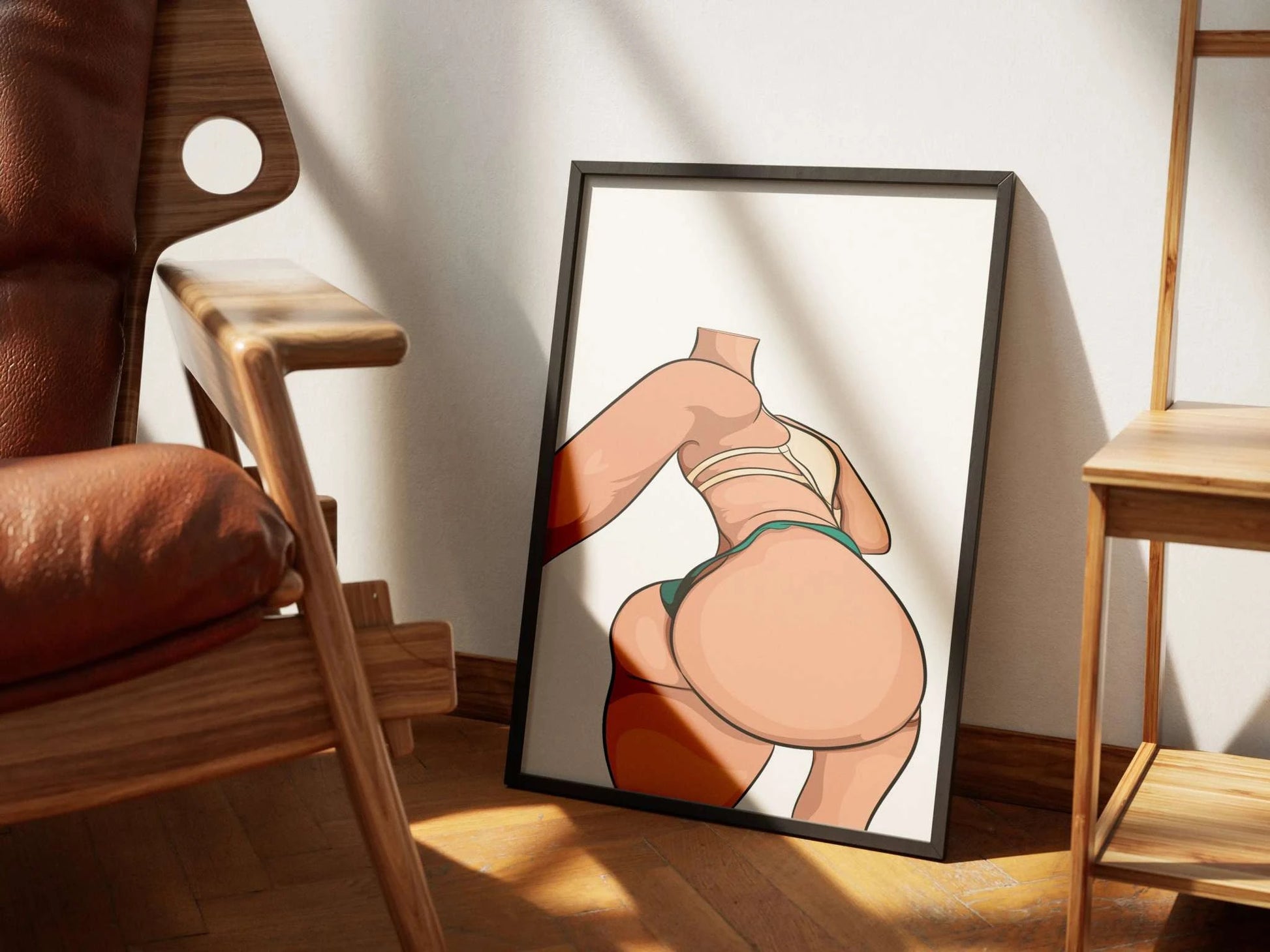 Digital illustration of Lingerie Model 66, showcasing bold lines and rich colors in a framed art piece.
