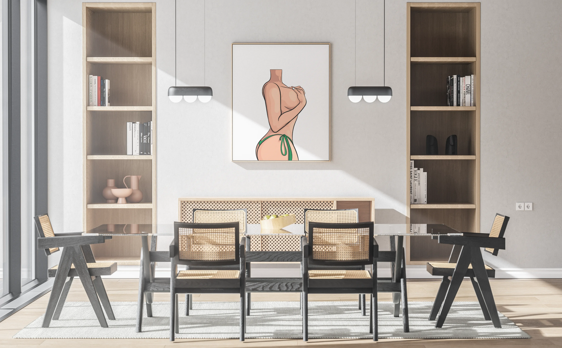 Digital artwork of a sensual female figure displayed in a modern dining room setting.
