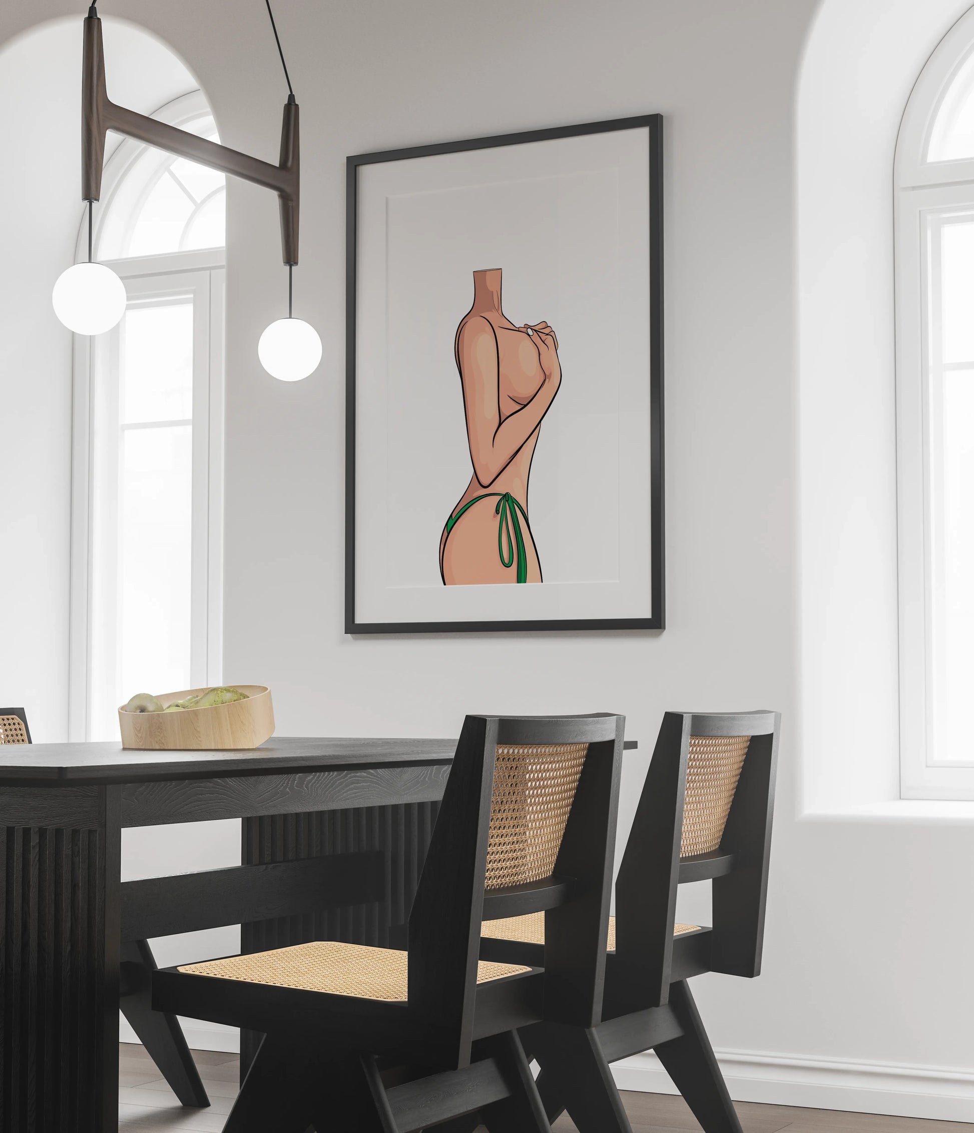 Sensual female figure digital art print on wall in modern dining room.