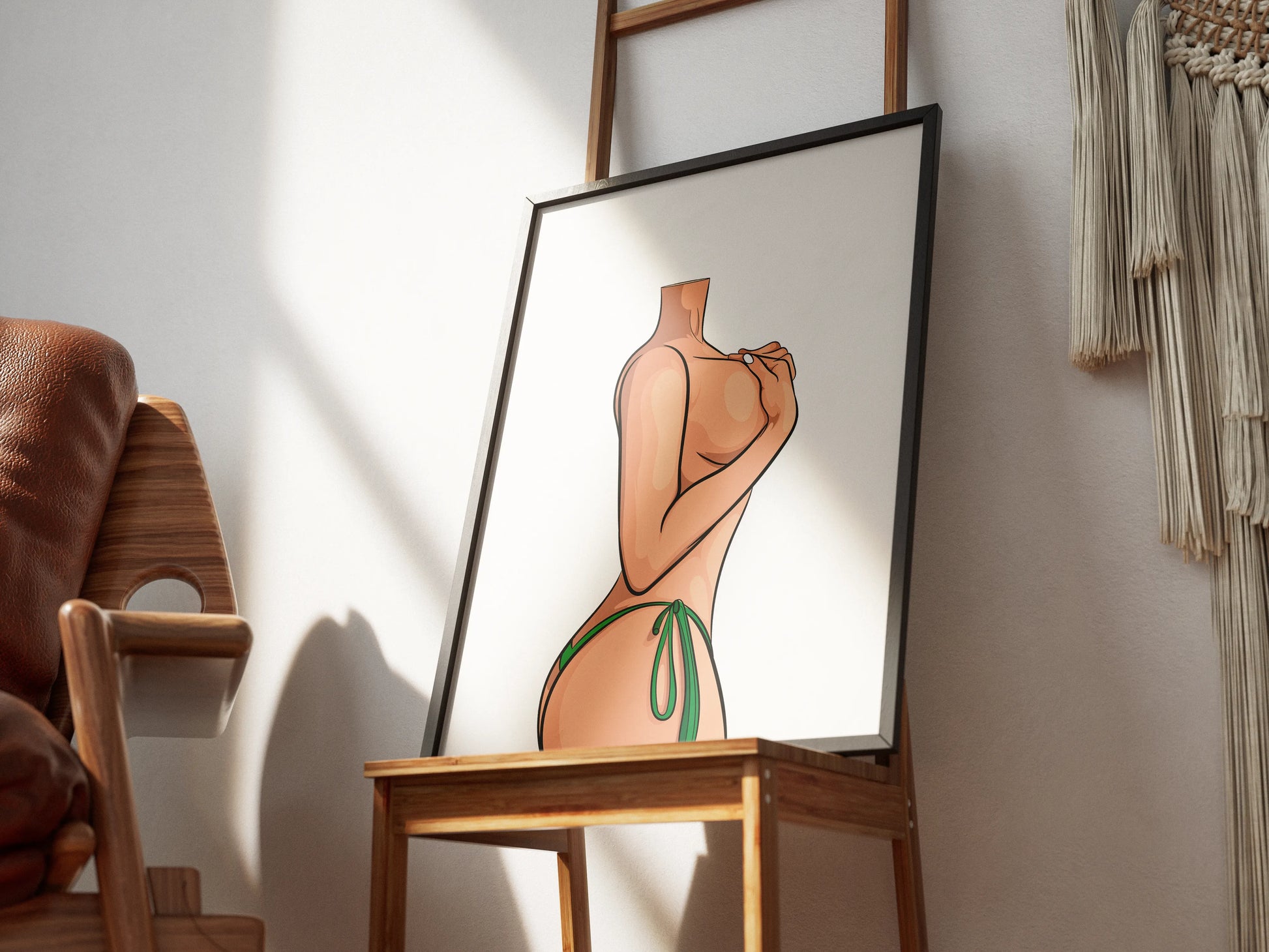 Digital artwork of a sensual female figure in a modern setting, ideal for canvas or accessory printing, titled "NSFW Model 69."