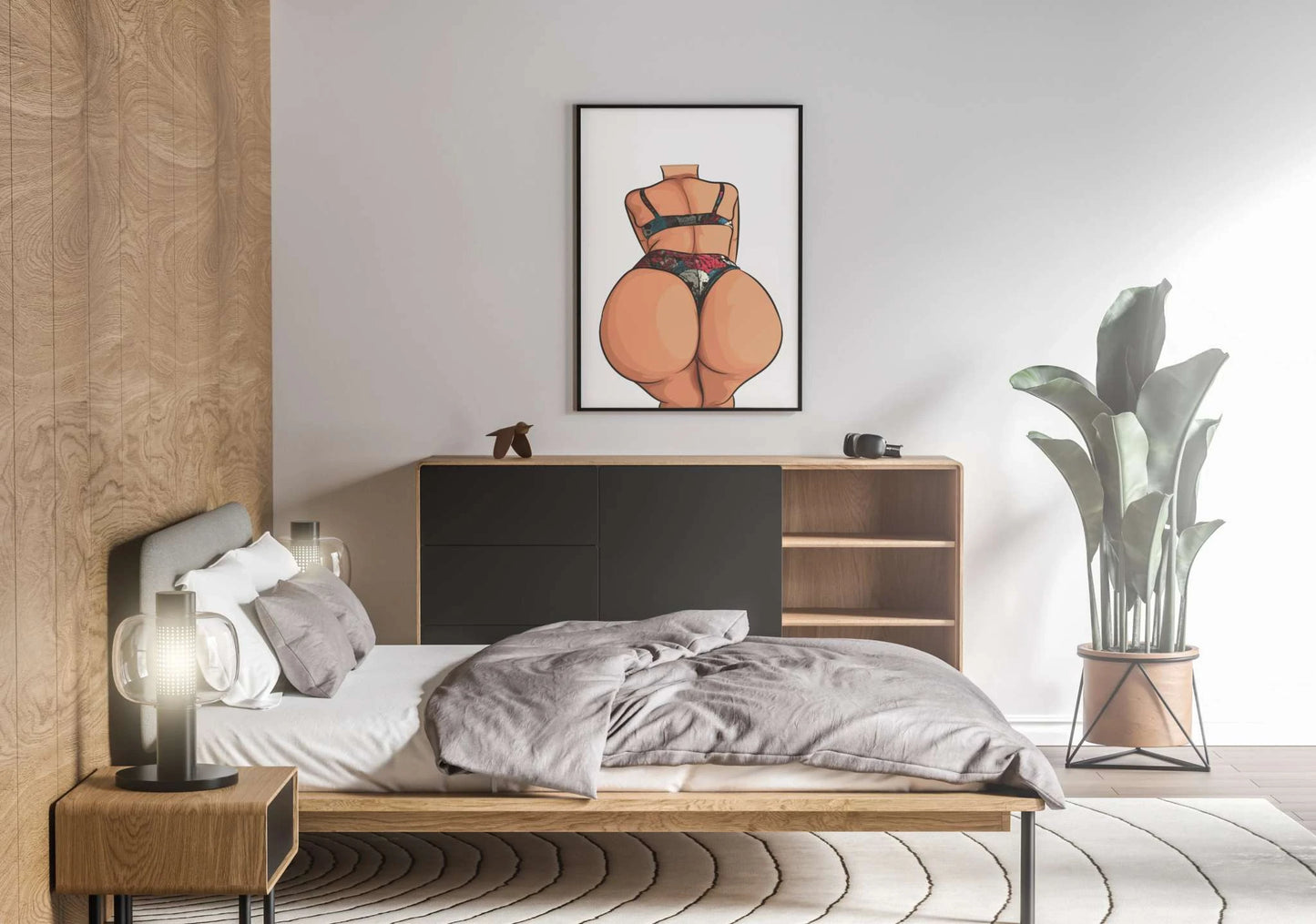 Digital artwork of lingerie model displayed as chic wall decor in modern bedroom setting.