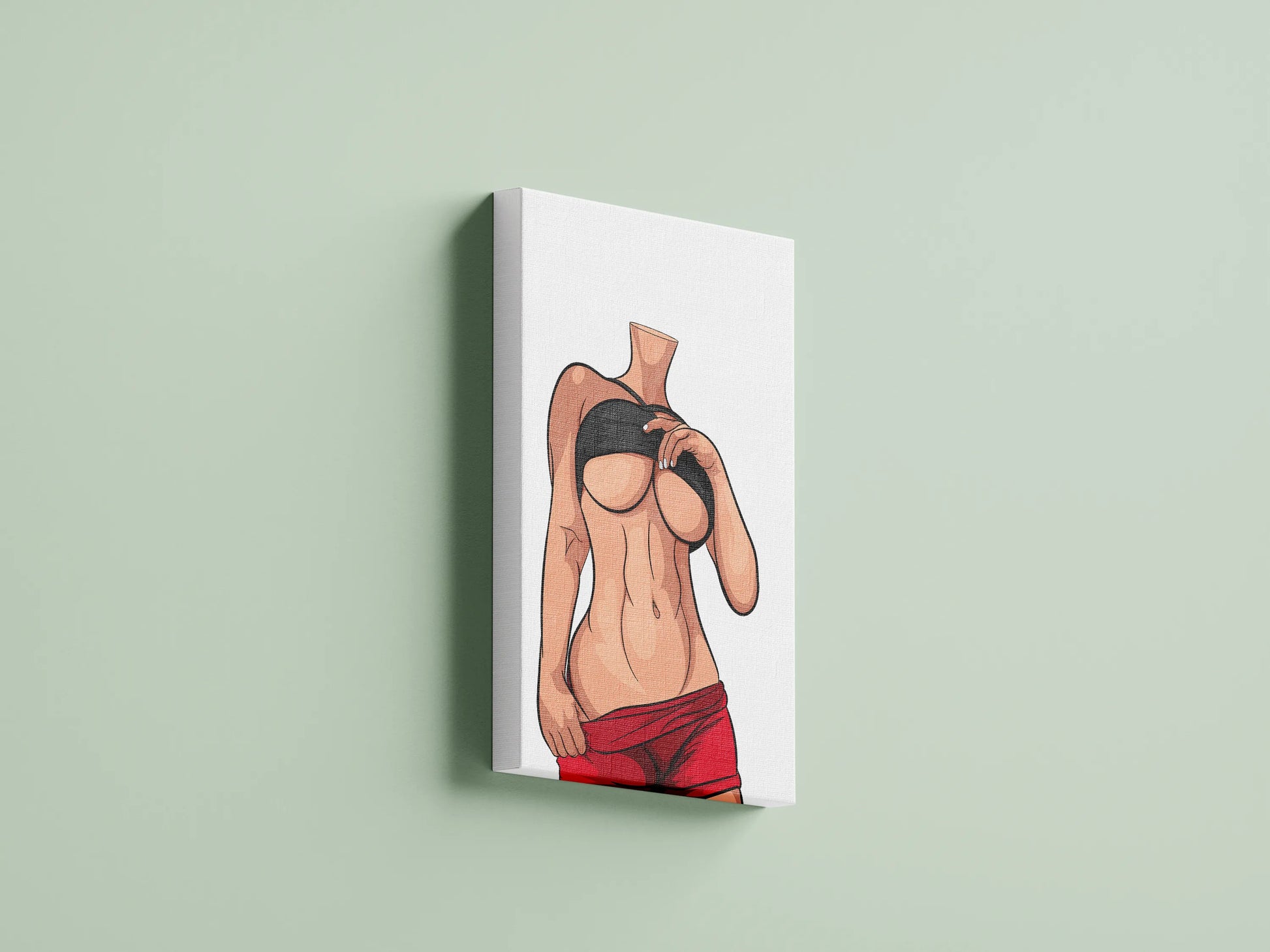 Digital illustration of a modern female figure, Model 70, with bold lines and color contrasts, displayed on a wall.