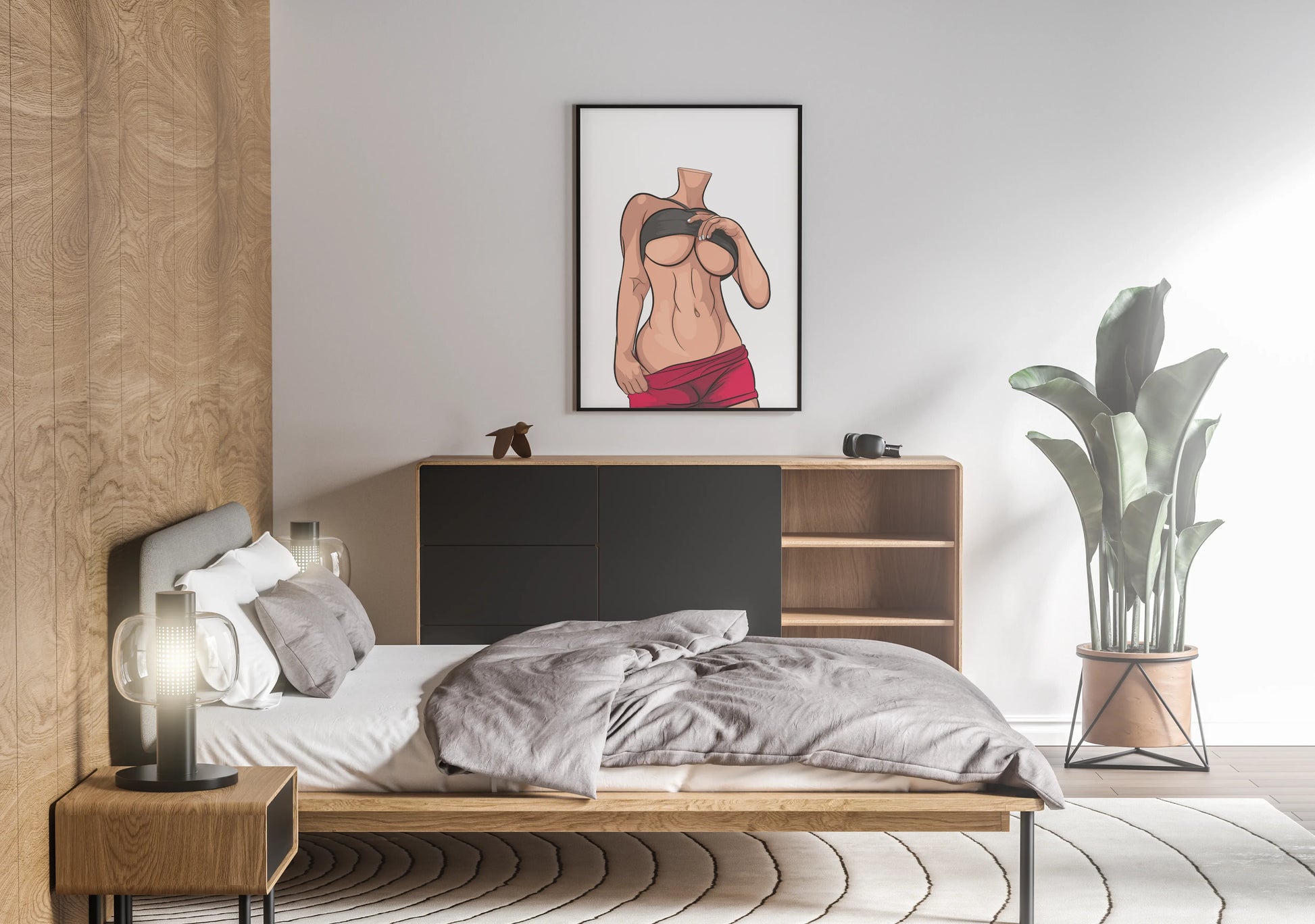 Modern bedroom with digital illustration art, featuring a torso in bold colors on the wall.