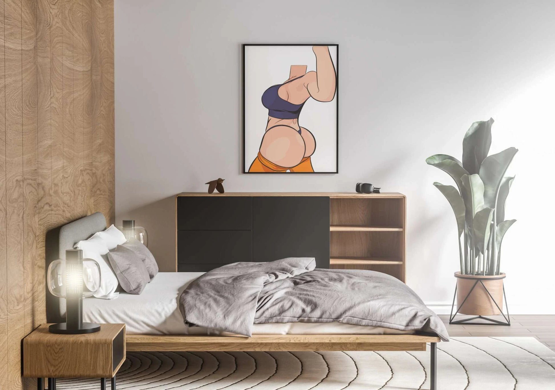 Headless female figure digital art in modern bedroom, wall décor.