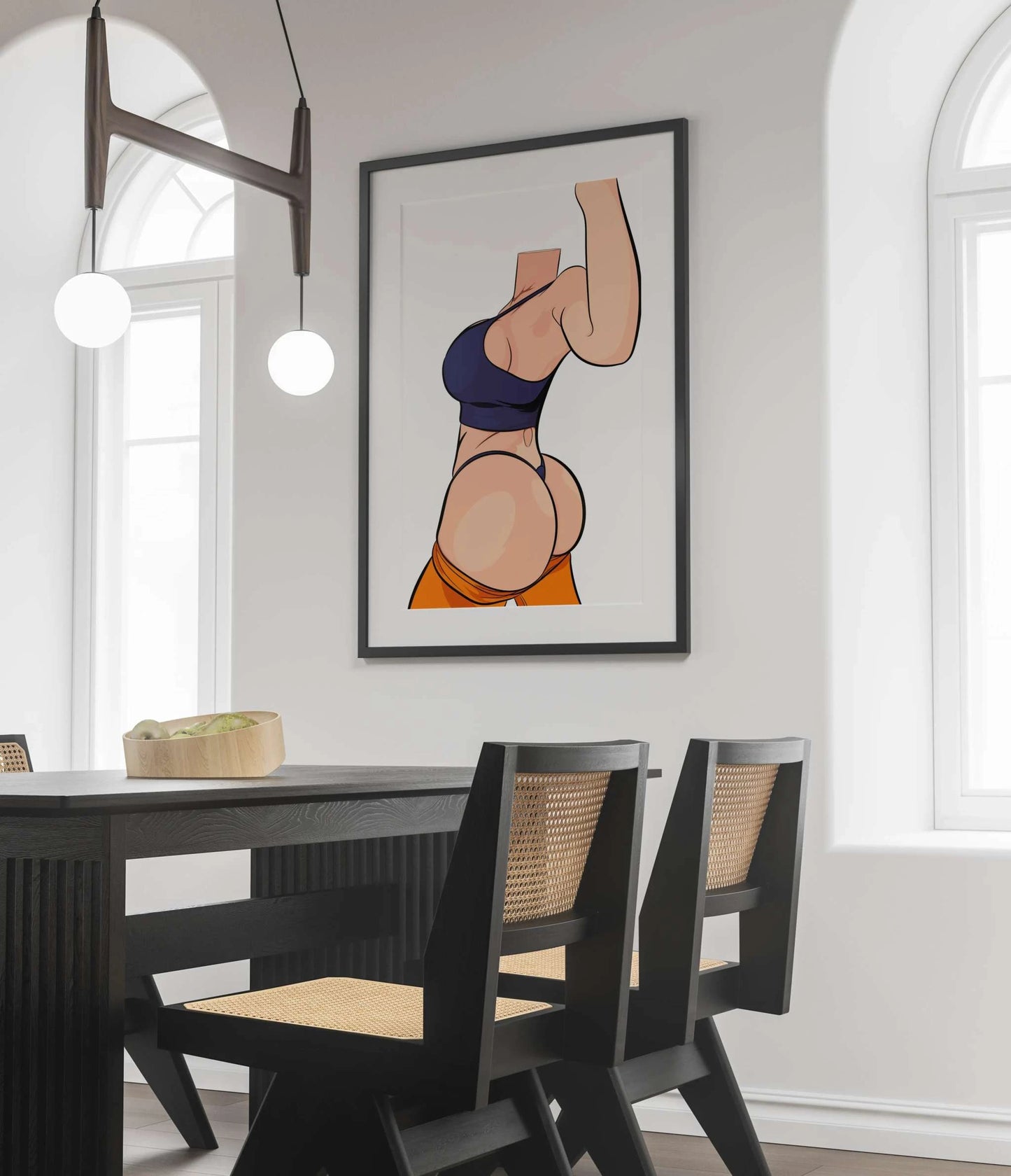High-quality digital art of a headless female figure, displayed in a modern dining room setting.