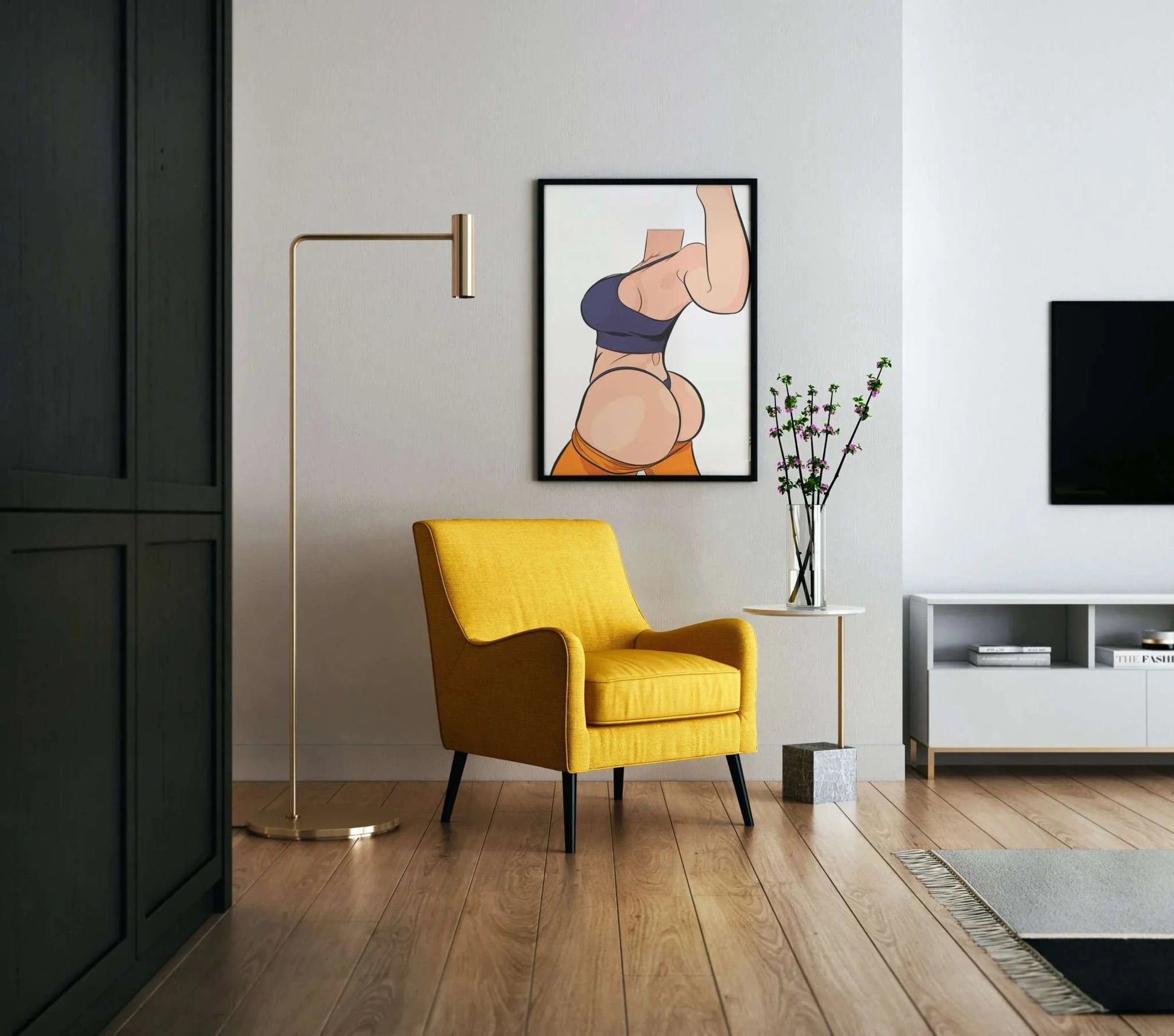 Headless female figure digital art displayed on wall in modern living room with yellow armchair.