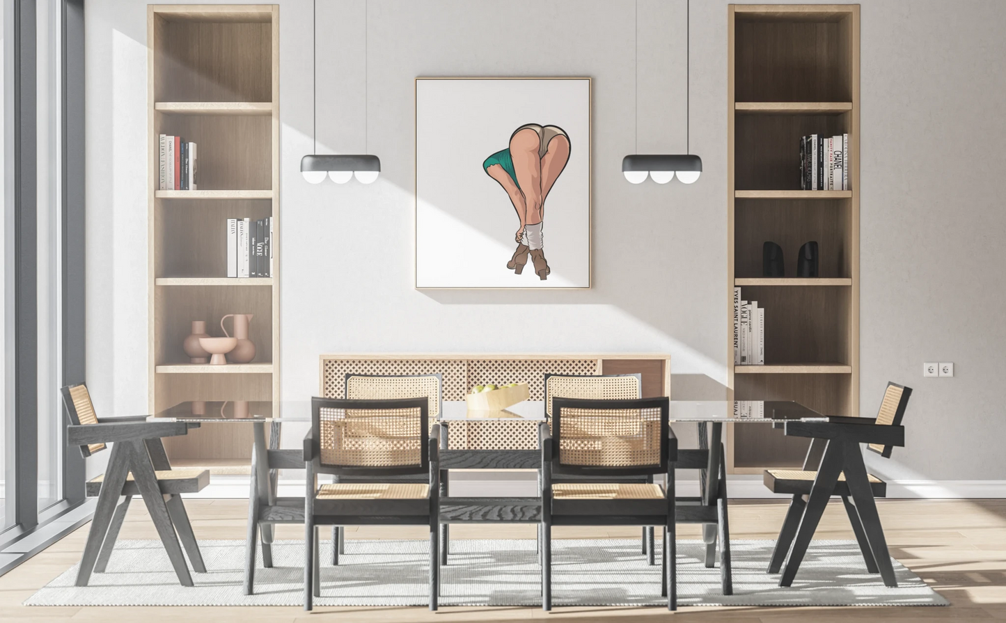 Digital artwork titled "Lingerie Model 72 - Baked Art" displayed in a modern dining room setting.