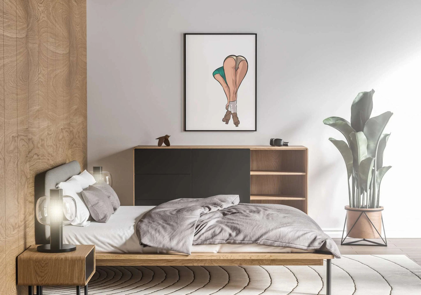 Modern bedroom featuring framed digital art "Baked Art - Model 72" on wall above minimalist furniture.