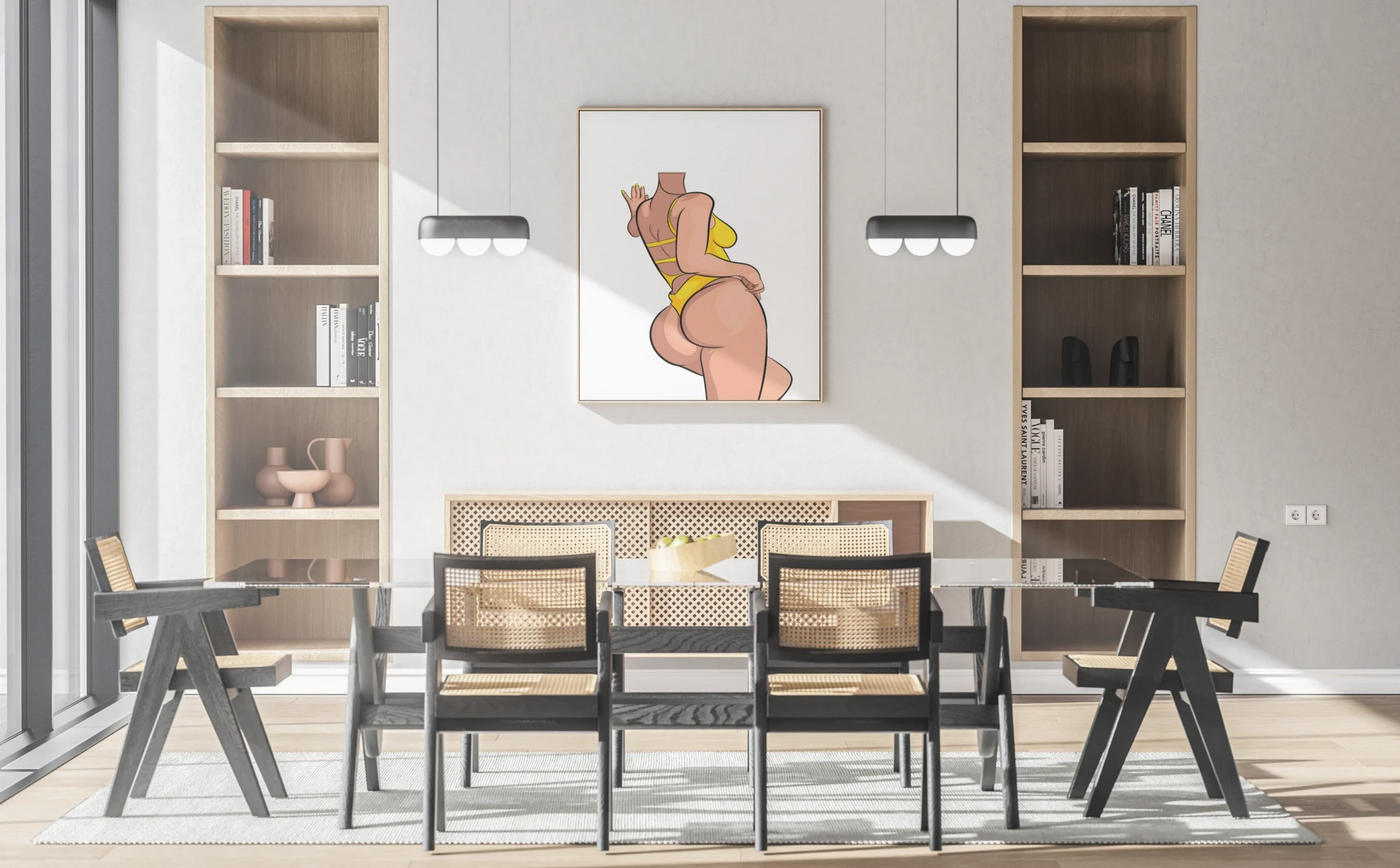 Digital illustration of Baked Art - Model 73 in modern dining room, showcasing vibrant colors and bold curves.