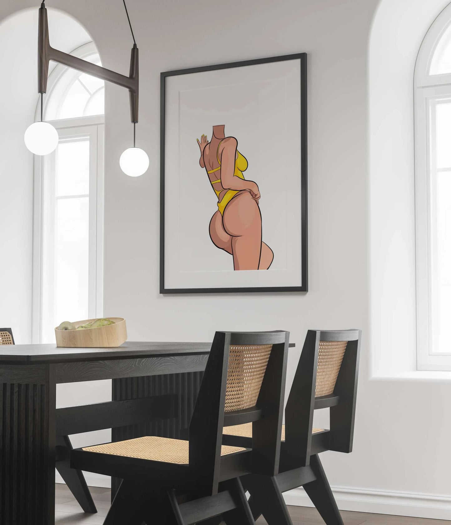 Digital illustration of Baked Art - Model 73, featuring vibrant colors and bold curves, displayed in a modern dining room setting.