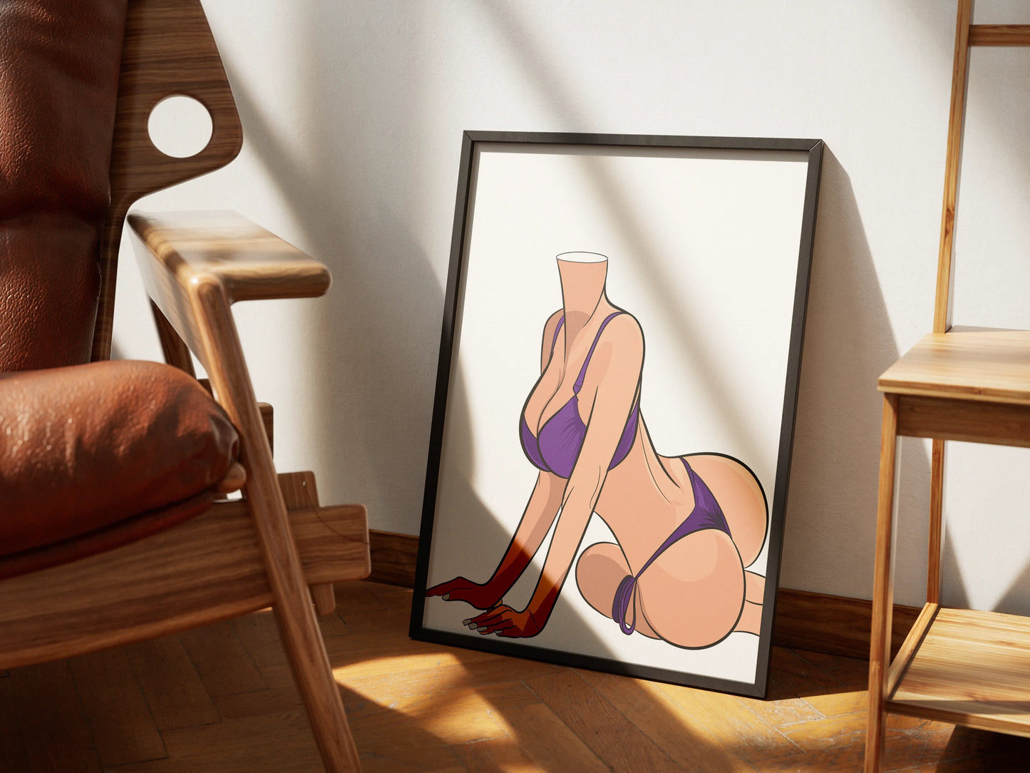 Bold digital artwork "Bikini Model 74" with abstract, modern design in a framed setting.