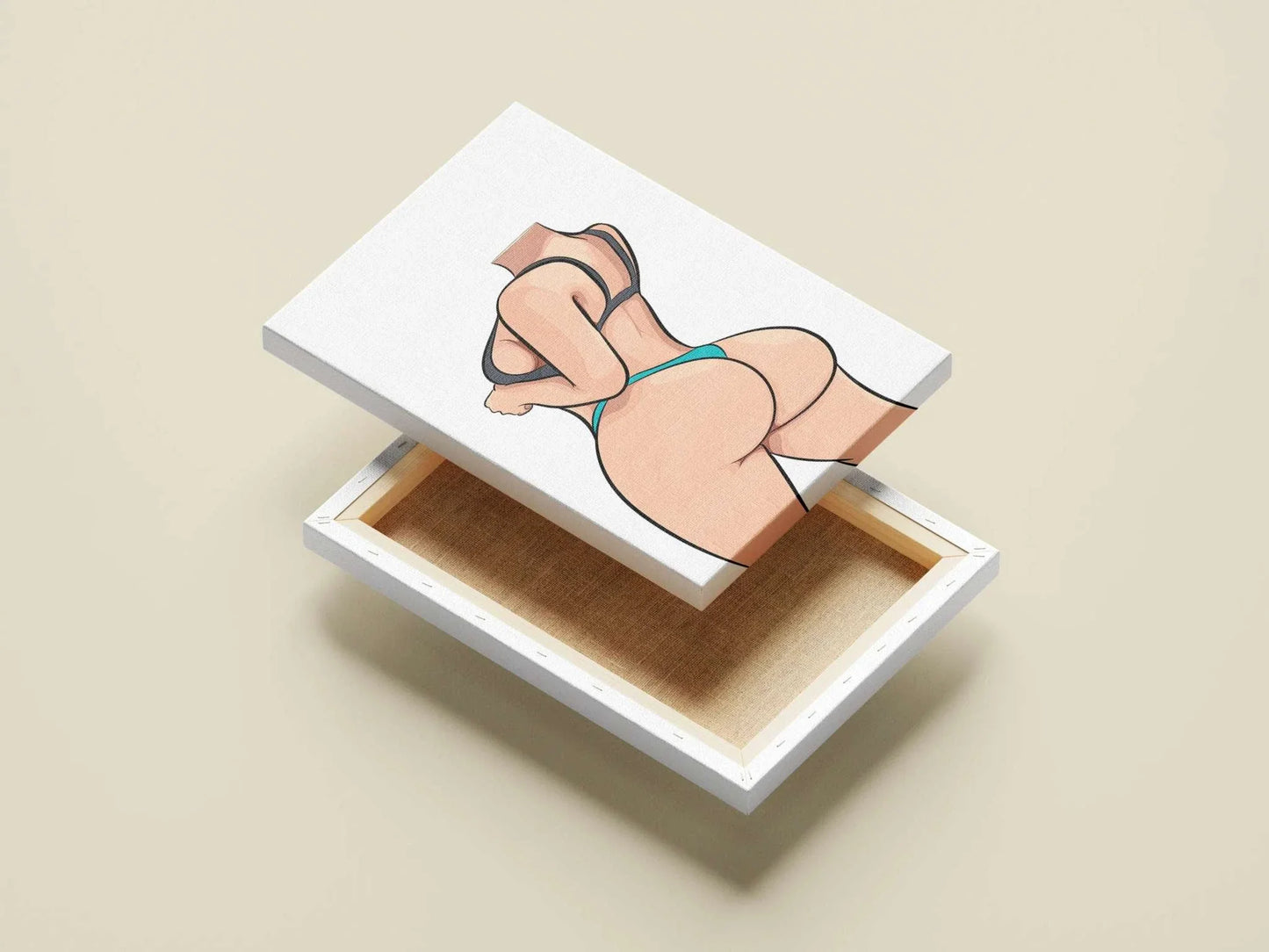 Digital artwork of lingerie model with bold lines and vibrant colors, titled "Baked Art - Model 75".