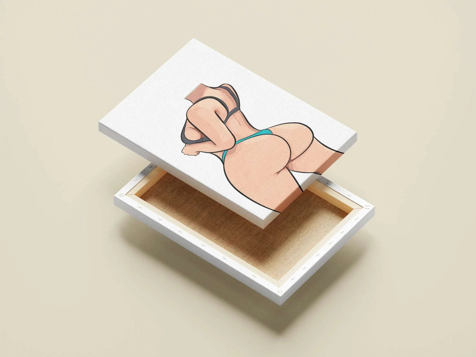 Digital artwork of lingerie model with bold lines and vibrant colors, titled "Baked Art - Model 75".