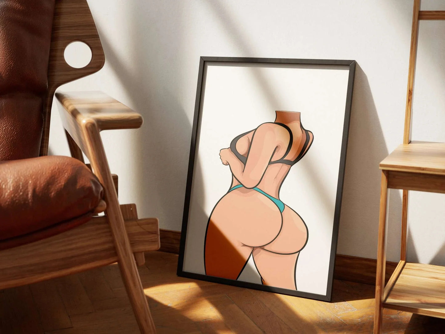 Digital artwork of "Baked Art - Model 75" with bold lines and vibrant colors in a framed wall display.