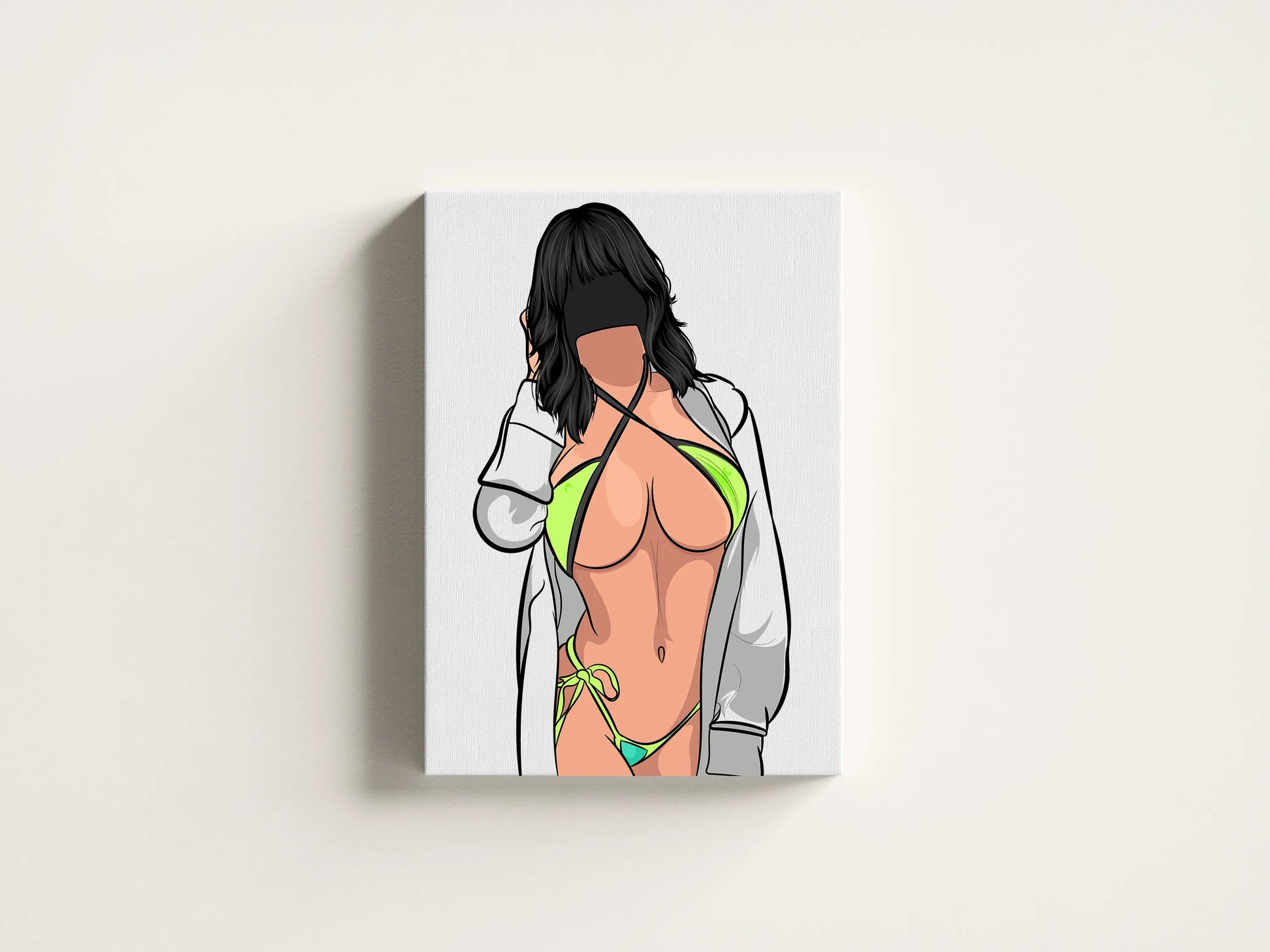 Digital illustration of a faceless woman in a neon bikini and jacket, showcasing bold aesthetics and intricate linework.