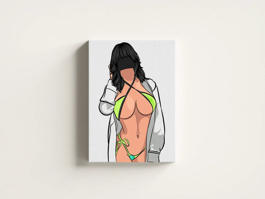 Digital illustration of a faceless woman in a neon bikini and jacket, showcasing bold aesthetics and intricate linework.