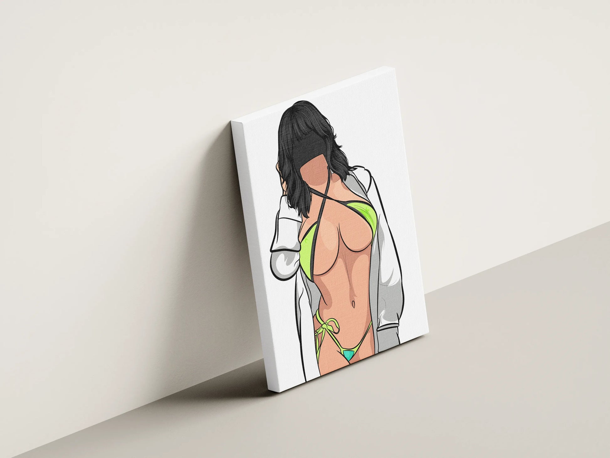 Digital illustration of Bikini Model 76 featuring bold aesthetics and intricate linework, available as a high-resolution PNG and editable Adobe Illustrator file for digital art enthusiasts.