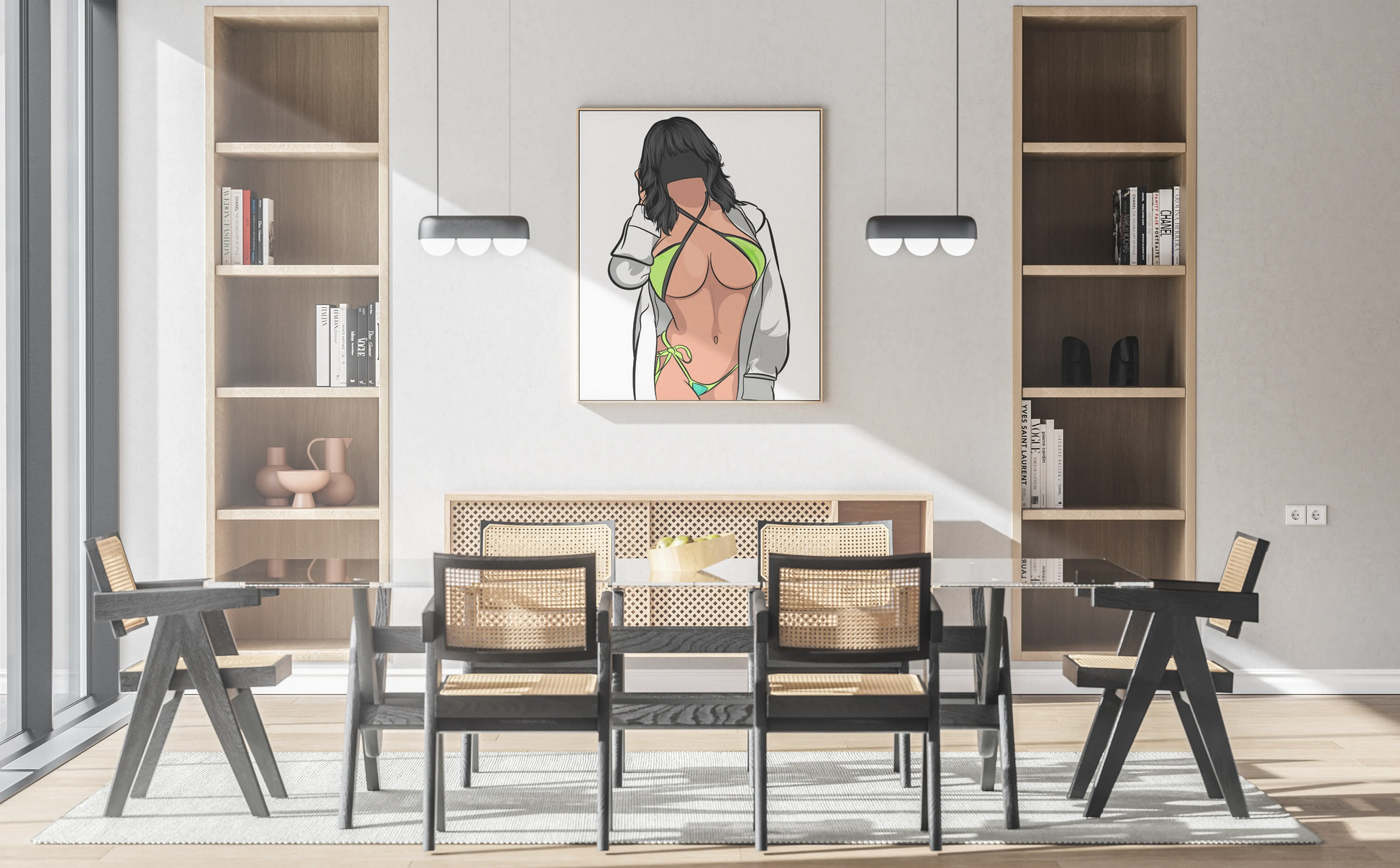 Digital illustration of a model in vibrant bikini art, displayed in modern dining area; Baked Art - Model 76.