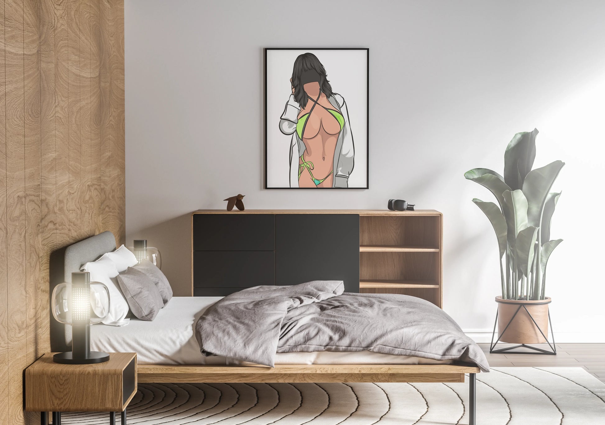 Digital illustration of Bikini Model 76, showcasing bold aesthetics and intricate linework, framed in a modern bedroom setting.