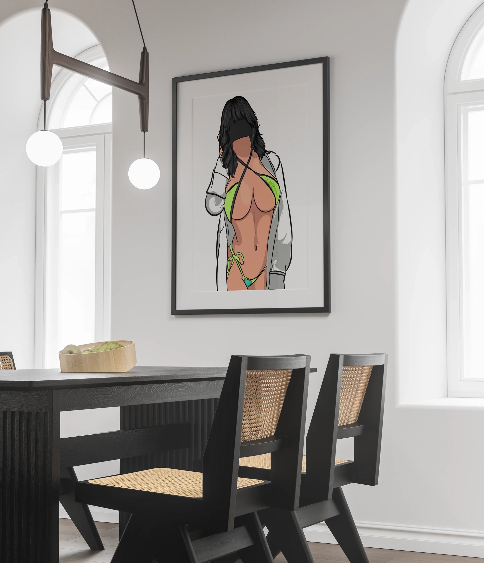 Bikini Model 76 digital illustration in minimalist dining room, showcasing bold aesthetics and intricate linework, part of the Baked Art collection.