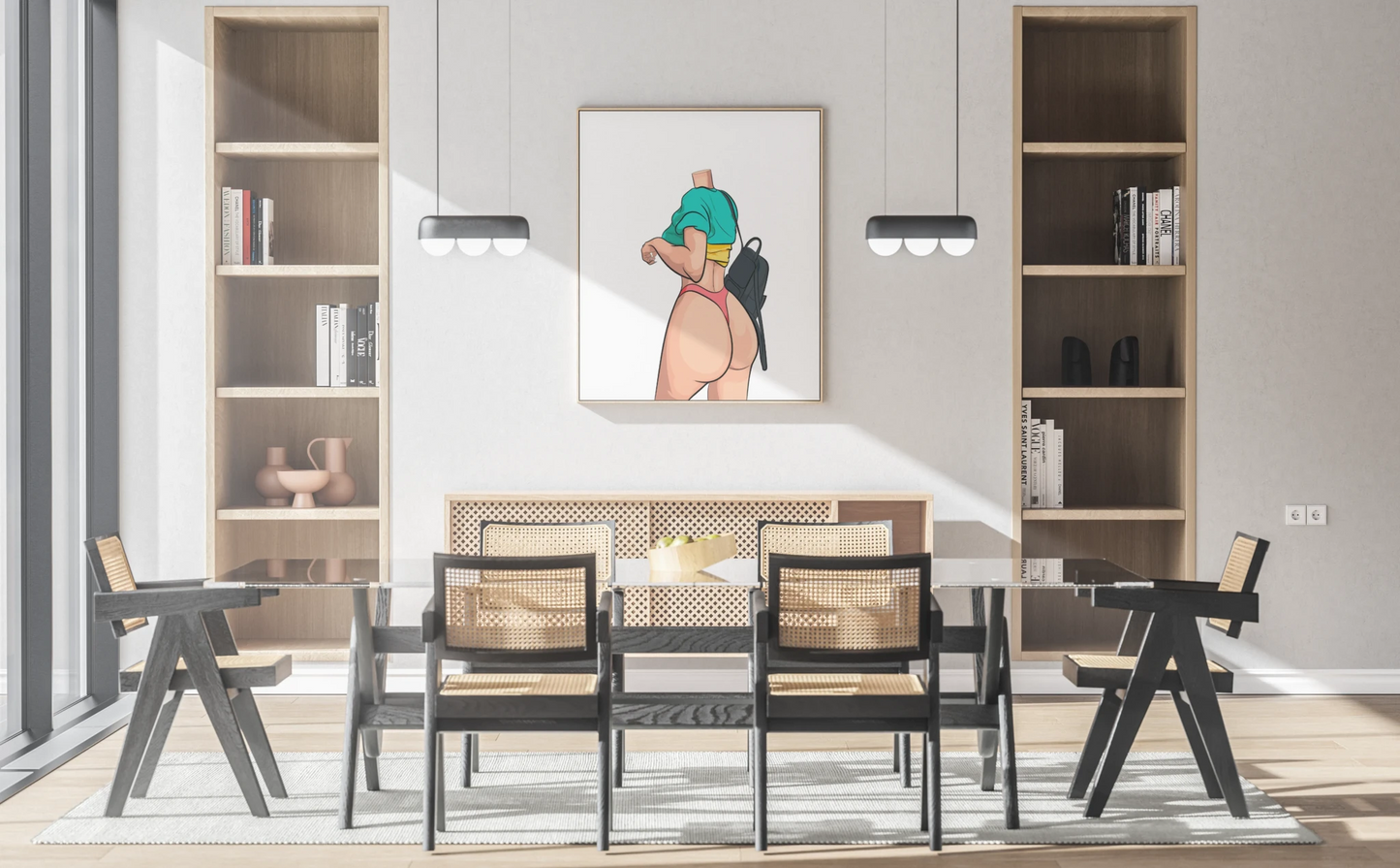 Digital art of Lingerie Model 77 in modern dining room setting.