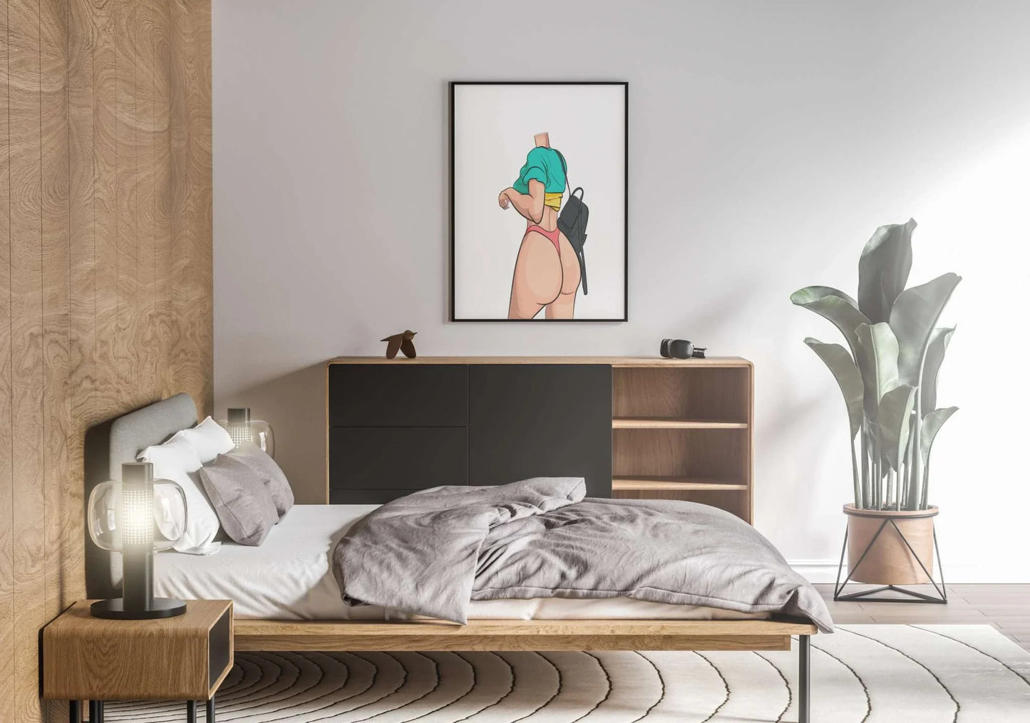Digital art of Lingerie Model 77 displayed in modern bedroom setting.