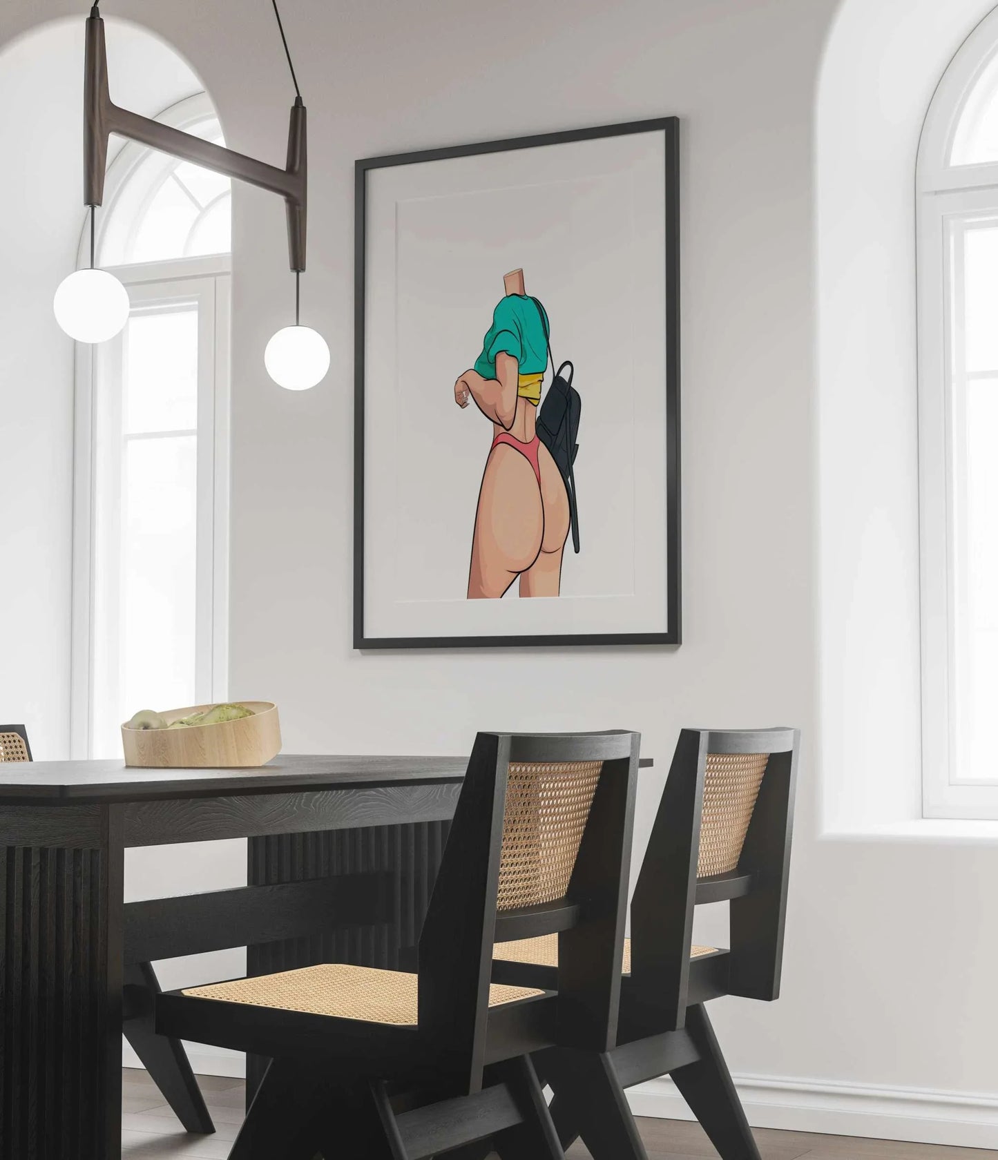 Vibrant digital art of a model in a dynamic pose, framed in a modern dining room.