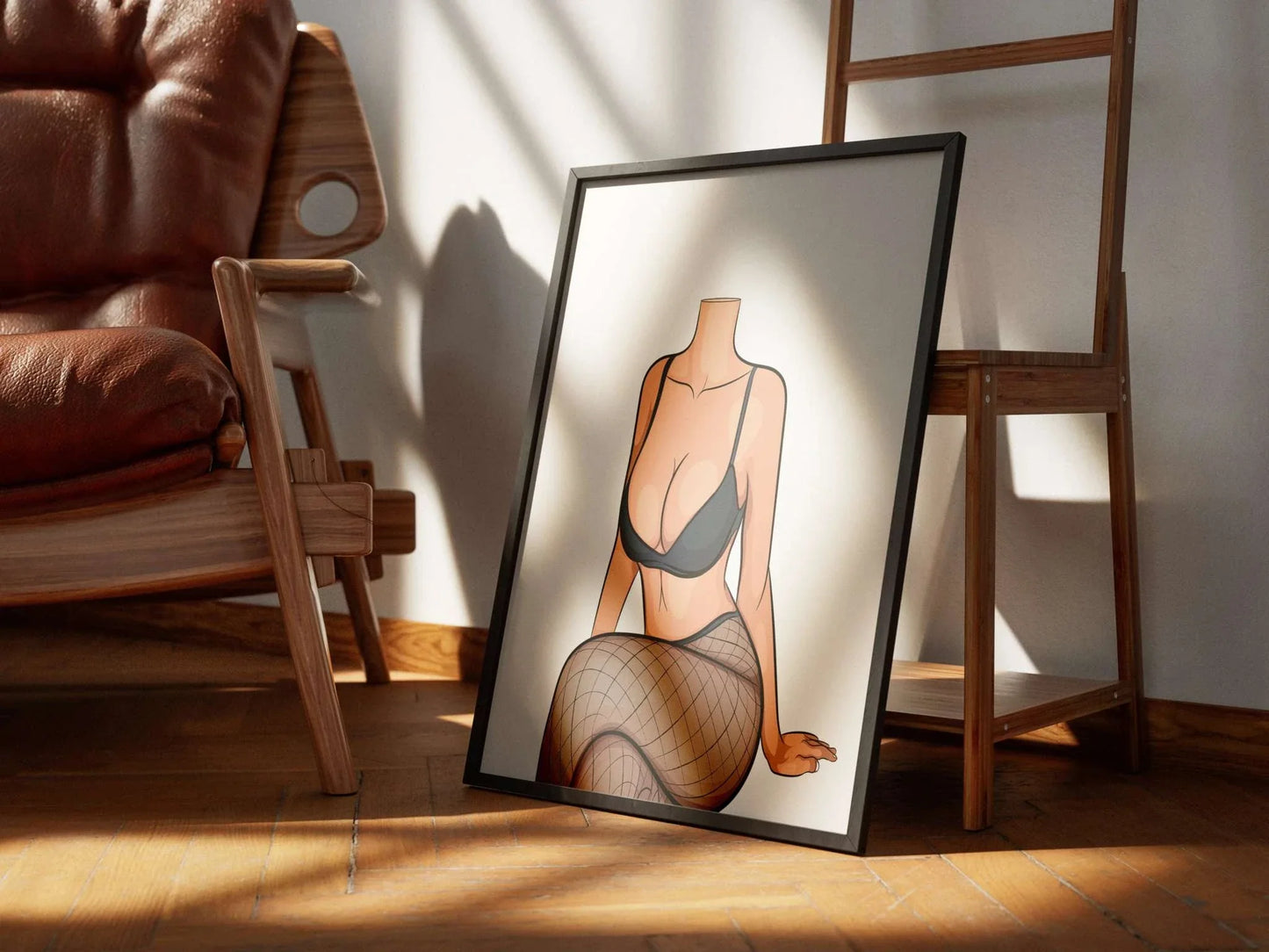 Digital artwork titled "Lingerie Model 79" by Baked Art featuring modern lines and bold aesthetics in a framed setting.