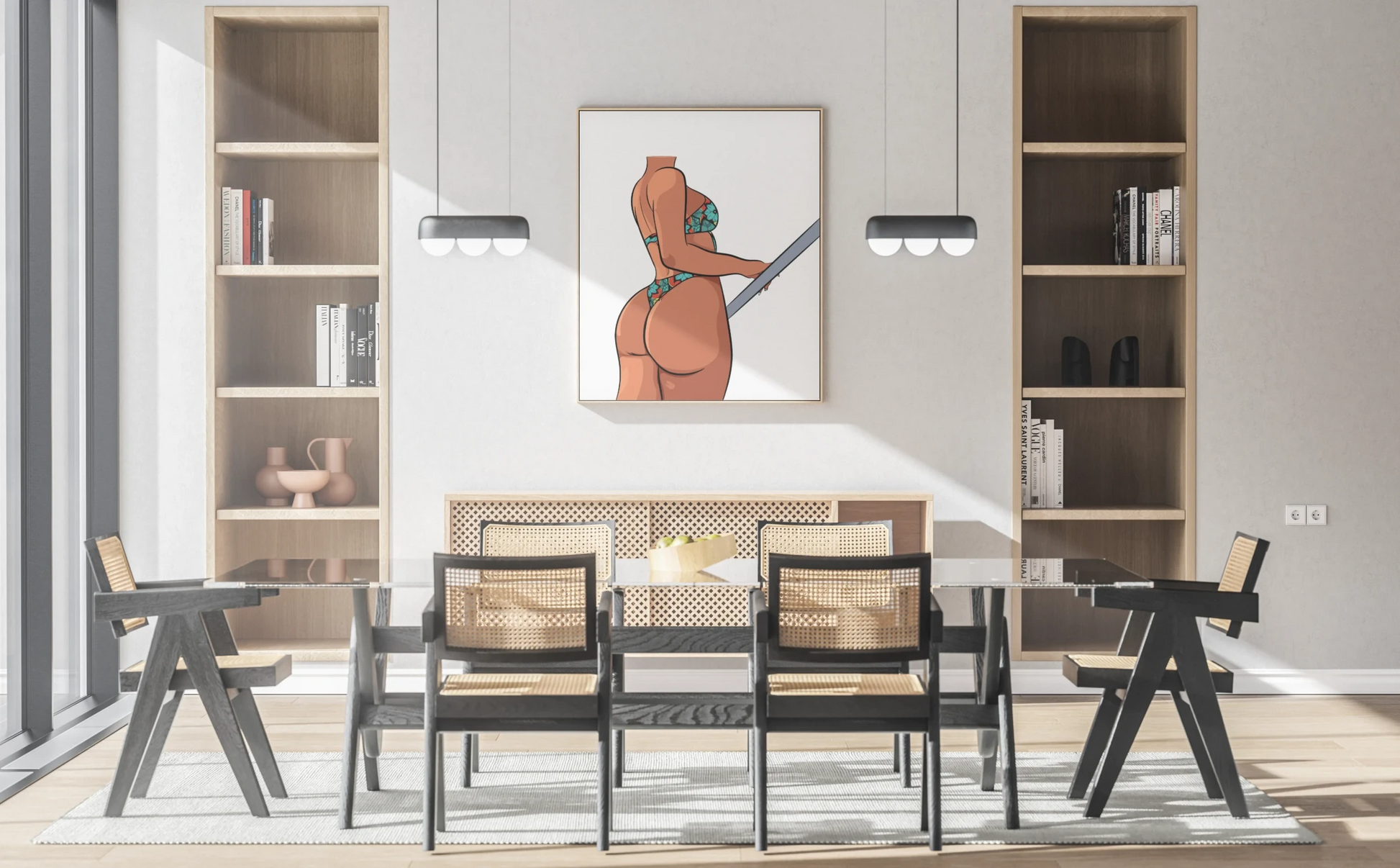 Bikini Model 7 digital art print displaying stylish elegance and vibrant summer vibes in a modern dining room setting.