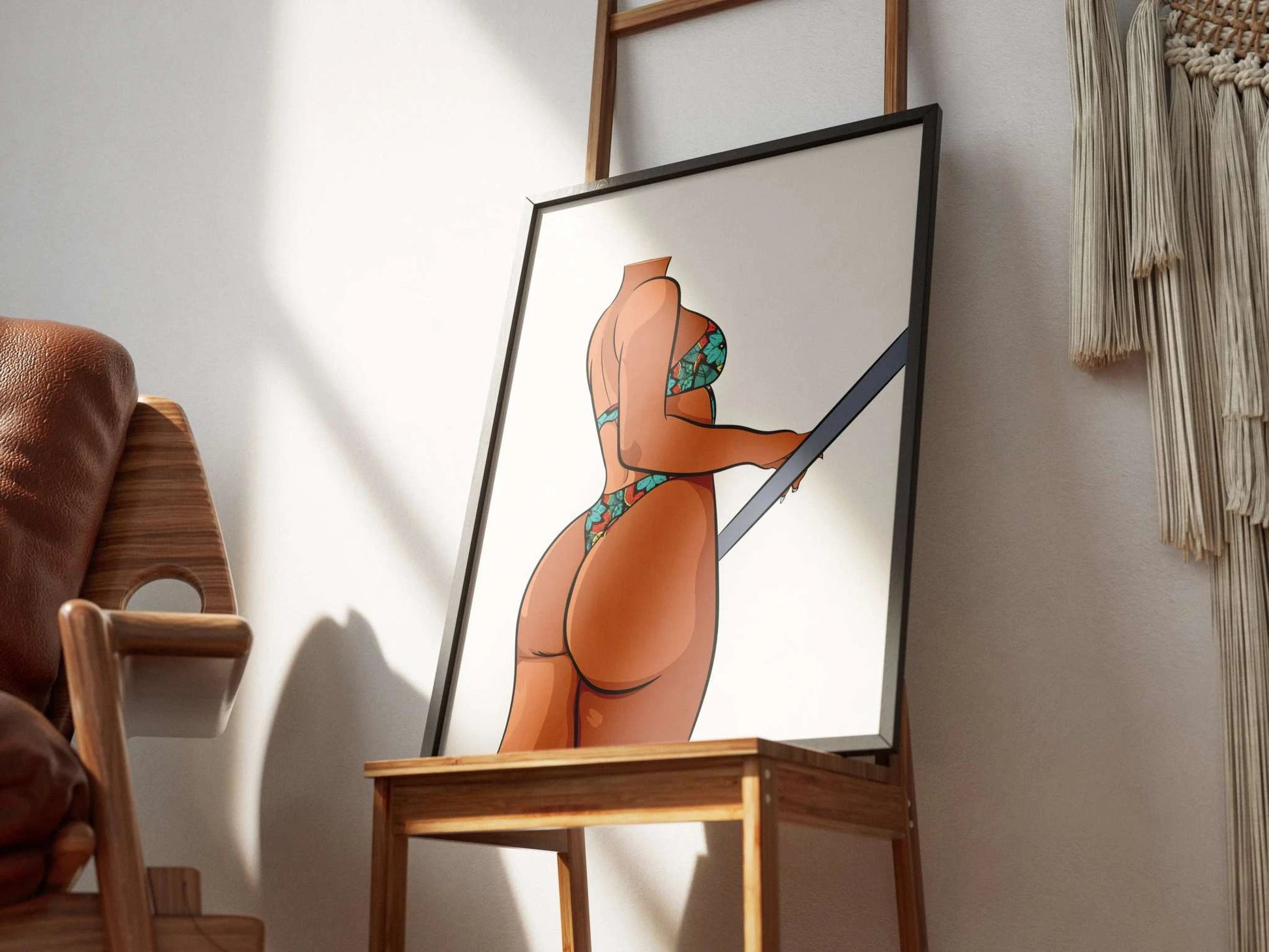 Digital artwork of a model in a bikini, part of the "Bikini Model 7 - Baked Art" collection by Digitalized Arts, displayed on a chair.