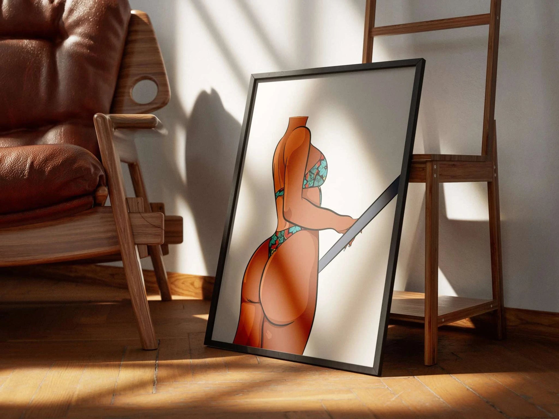 Bikini Model 7 vibrant digital art print displayed in a stylish frame on a wooden floor with surrounding studio decor.