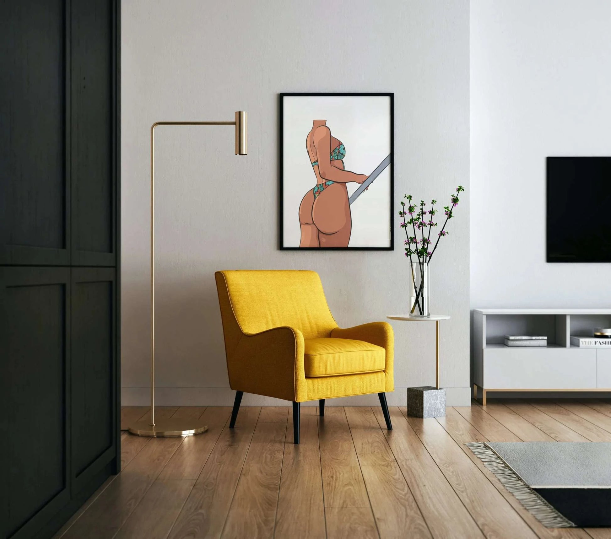 Model 7 - Baked Art framed on wall, yellow chair, modern living room.
