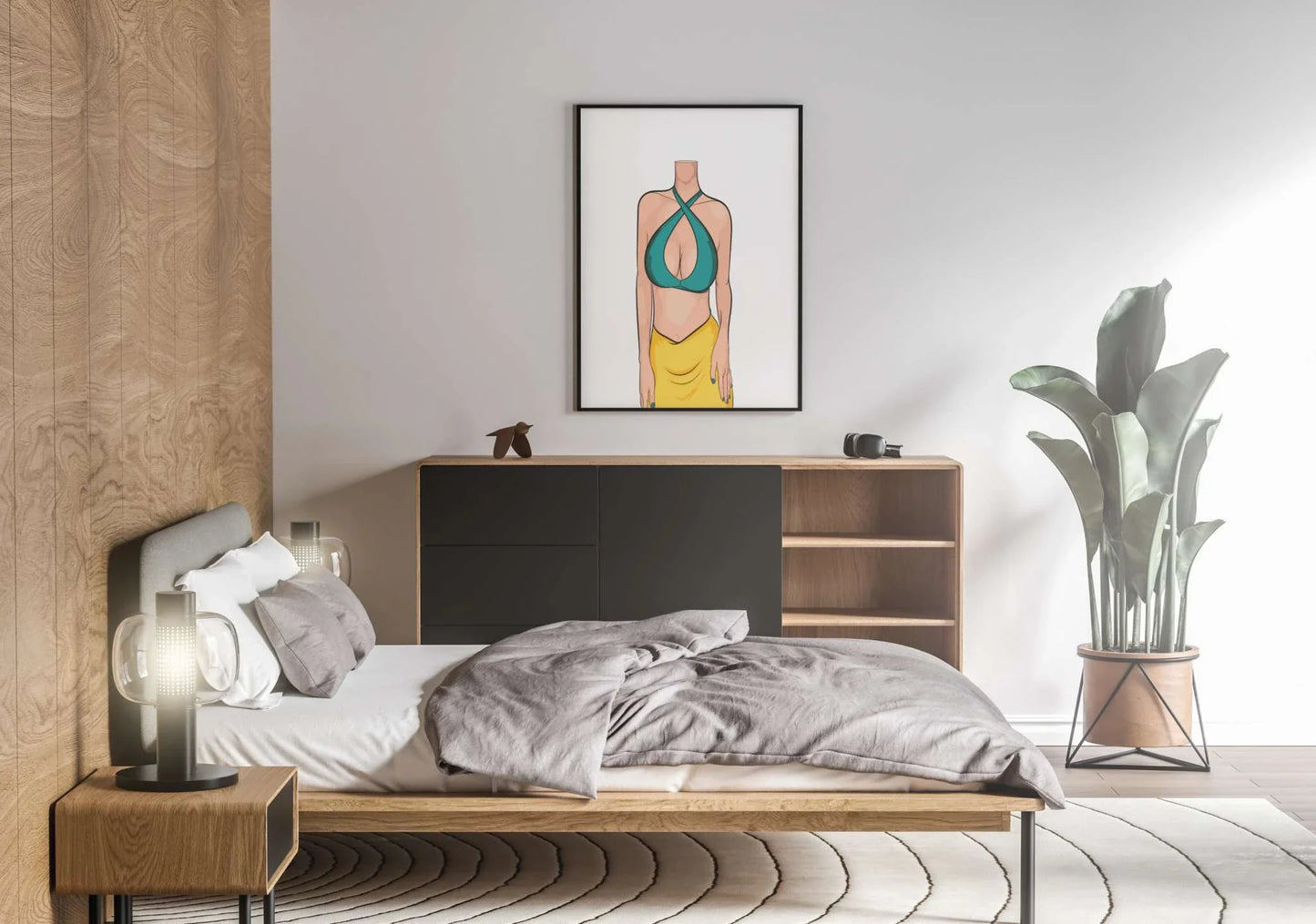 Modern bedroom featuring "Baked Art - Model 81" digital wall art with vibrant colors and minimalist design.
