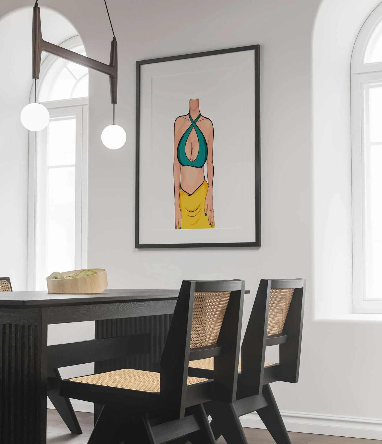 Vibrant digital art, "Lingerie Model 81," in a modern dining room setting, showcasing minimalist design and bold colors.