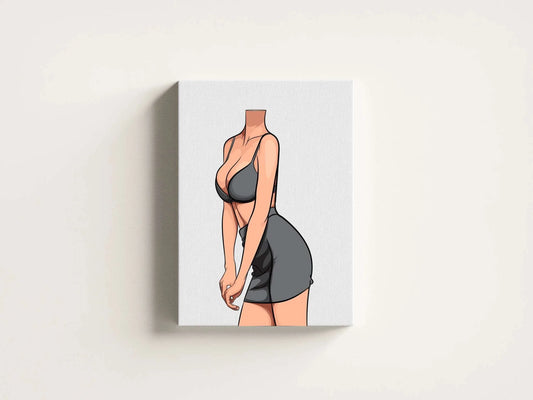 Stylish digital art of Model 83 in form-fitting bralette and mini skirt, emphasizing curves and fabric texture.