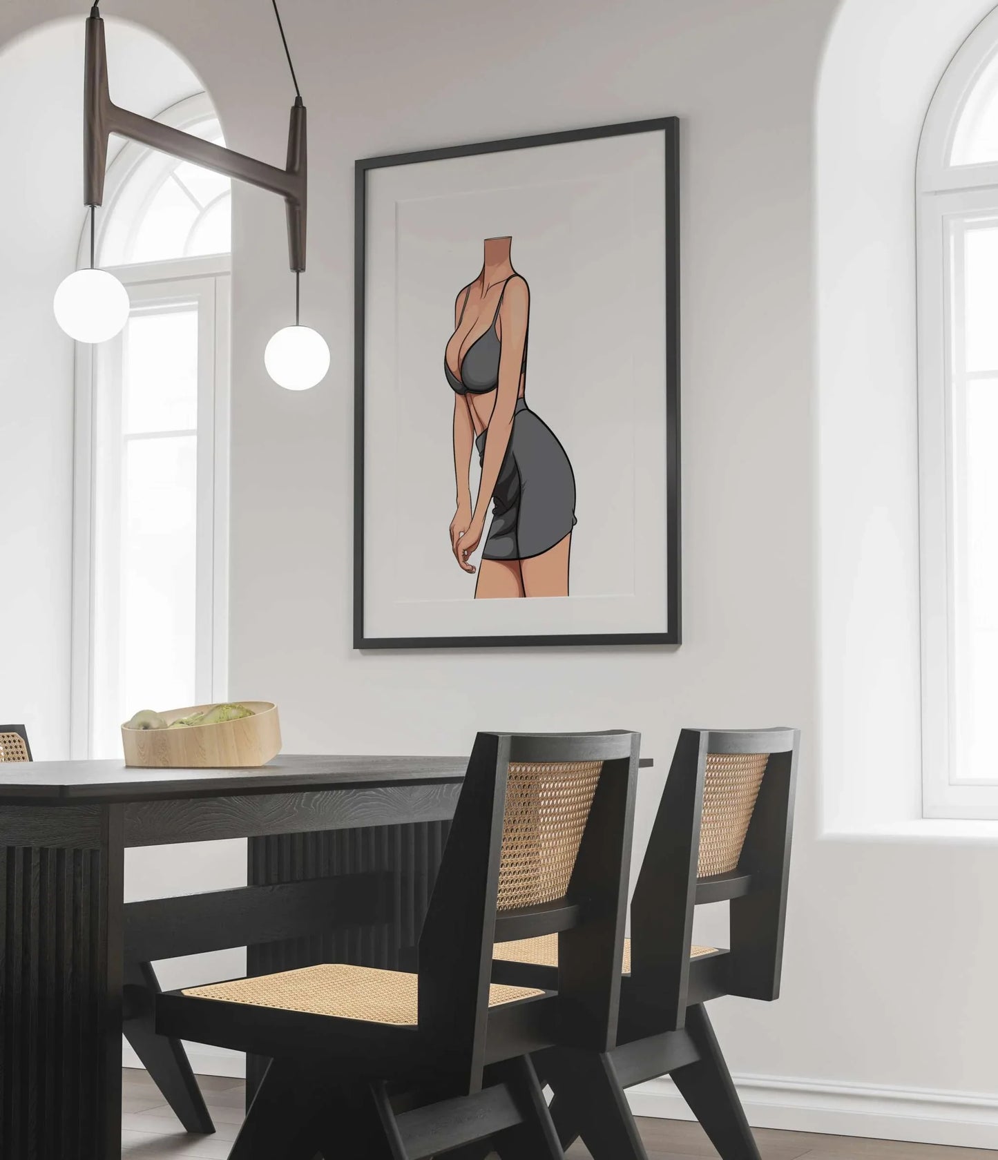 Stylish digital illustration of "Baked Art - Model 83" in form-fitting bralette and mini skirt, emphasizing curves and fashion.