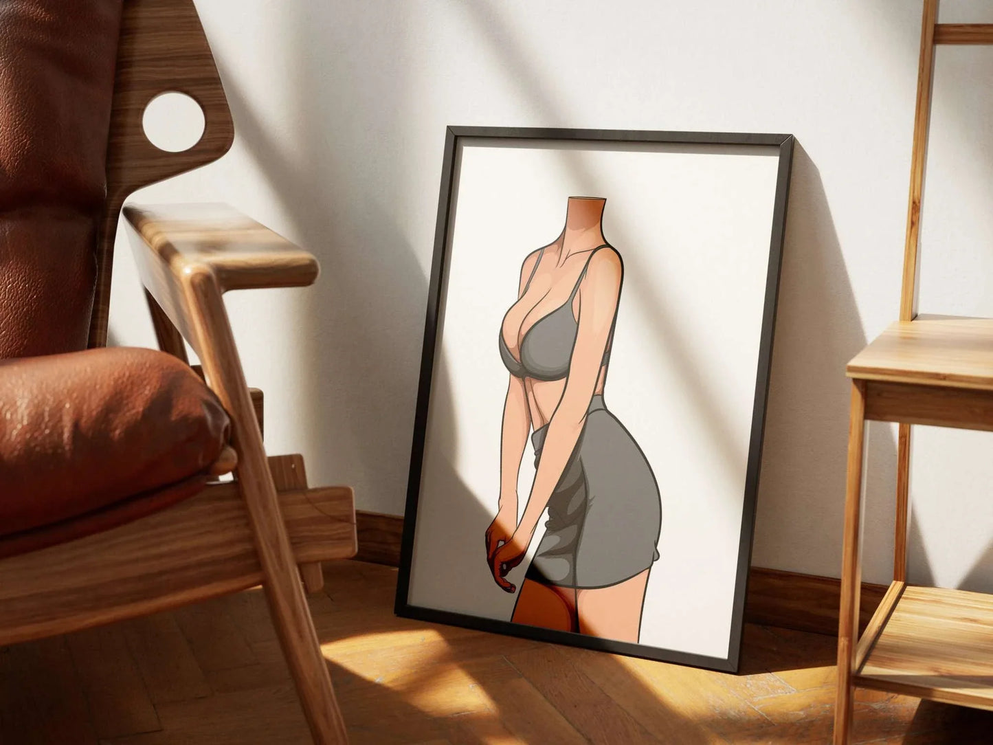 Stylized digital illustration of a model in a bralette and mini skirt, part of the Baked Art - Model 83 collection, emphasizing sleek design and curves.