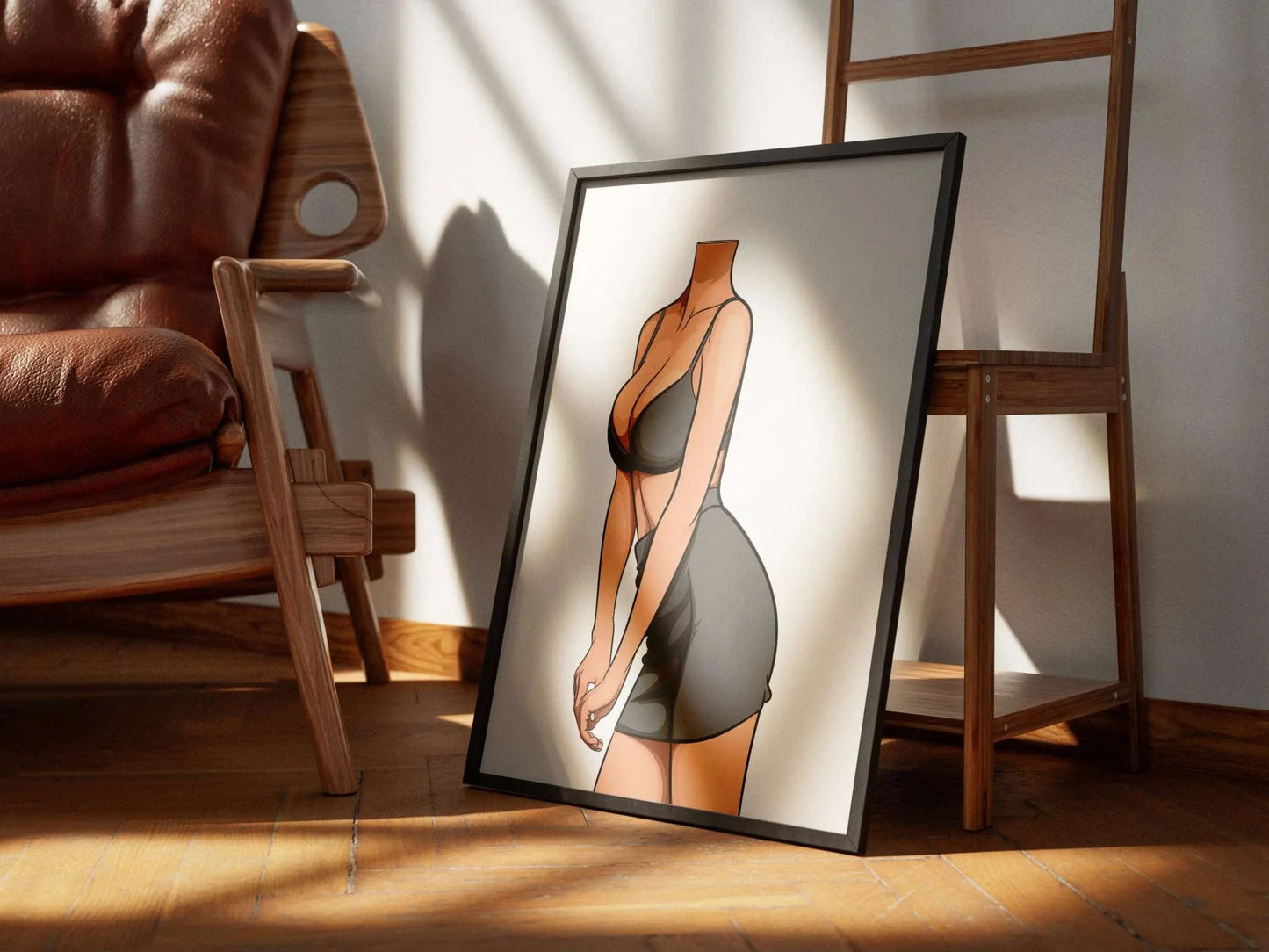 Stylish digital artwork of Model 83 in form-fitting bralette and mini skirt, emphasizing curves and fashionable design.