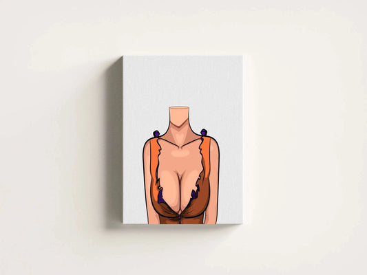 Lingerie Model 85 digital art with ruffled orange and brown top, purple accents, and heart-shaped highlight.