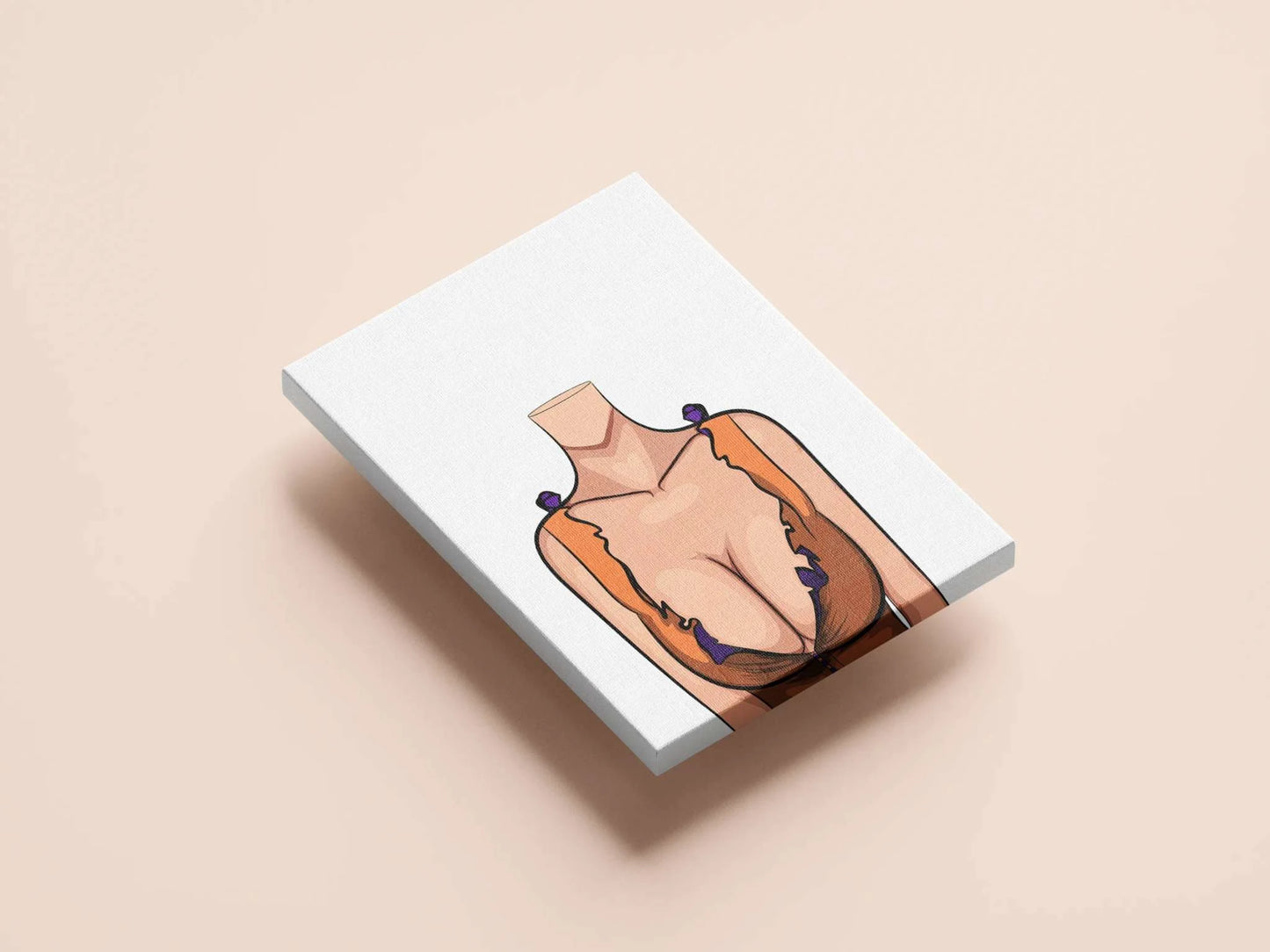 Digital art print of a figure in ruffled orange and brown top with purple accents, showcasing simple lines and vibrant colors—Baked Art Model 85.