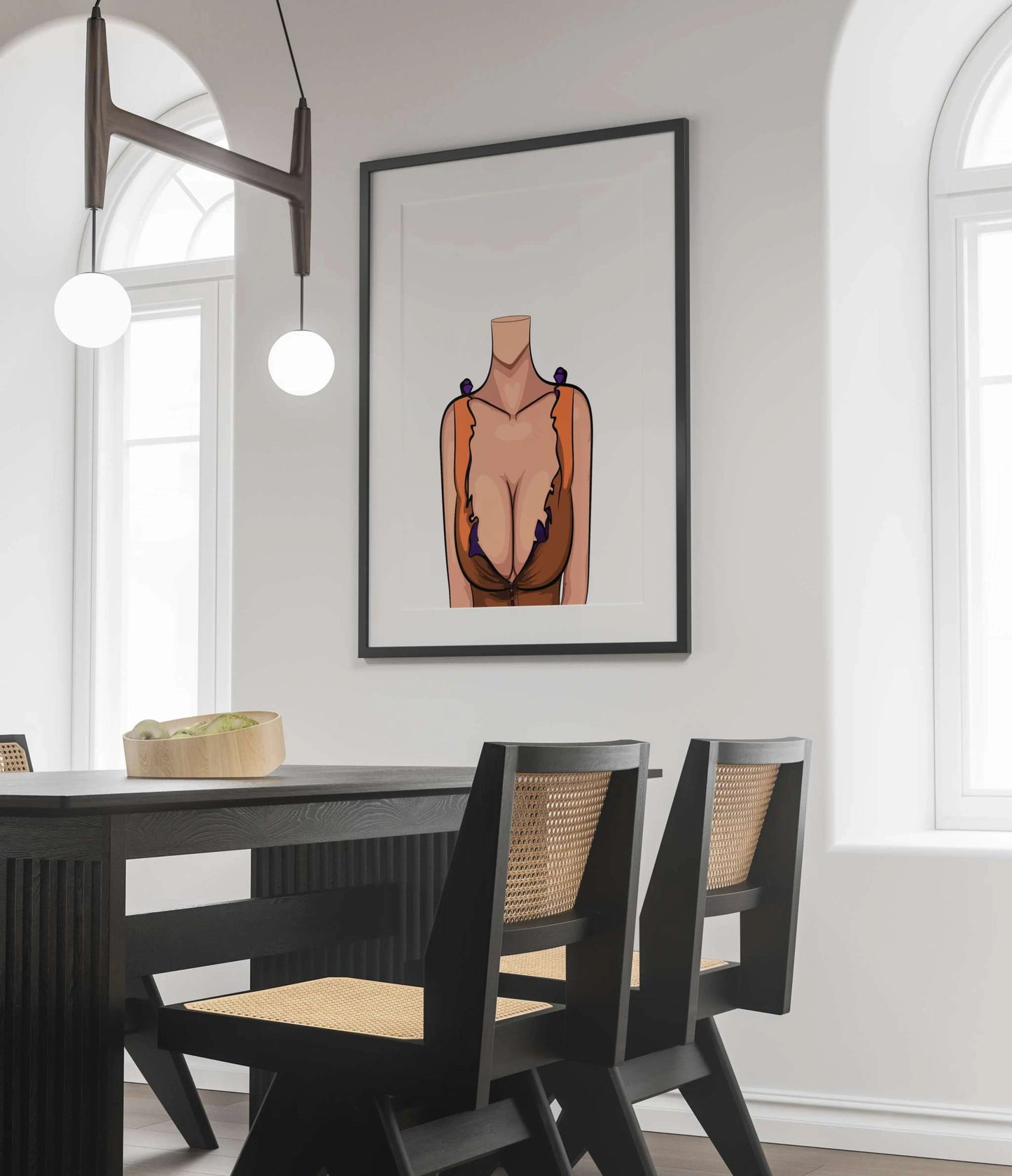 Baked Art - Model 85 digital artwork featuring ruffled orange and brown top with purple accents, highlighted by heart-shaped detail near collarbone, framed on wall.