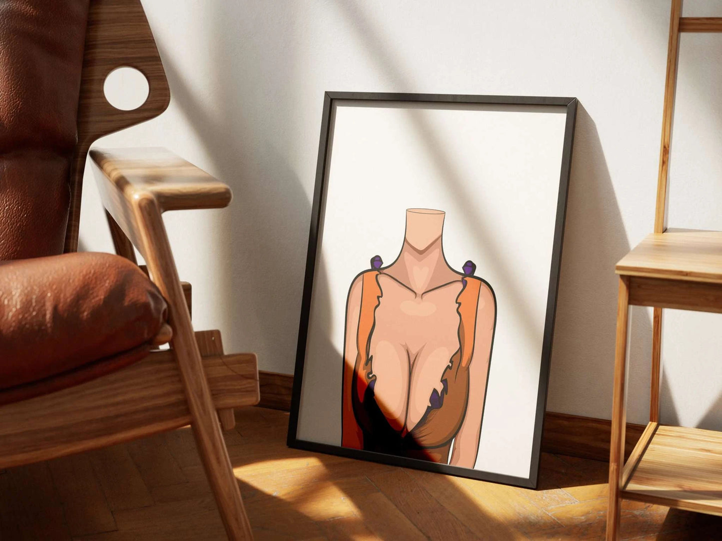 Baked Art Model 85 digital artwork featuring a figure in an orange and brown ruffled top with purple accents, showcasing clean lines and vibrant colors.